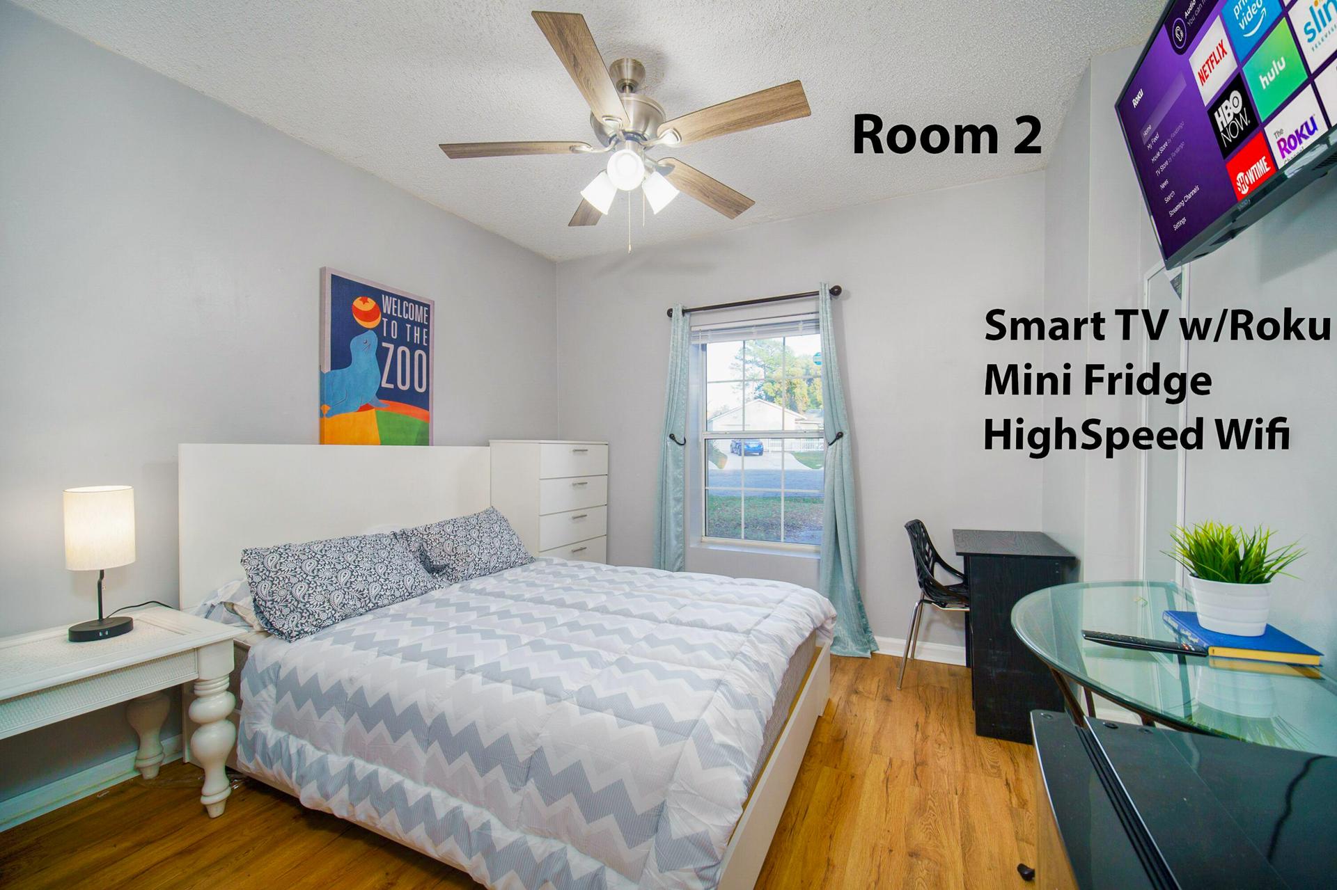 bedroom, detected:ceiling fan, bed, window blind