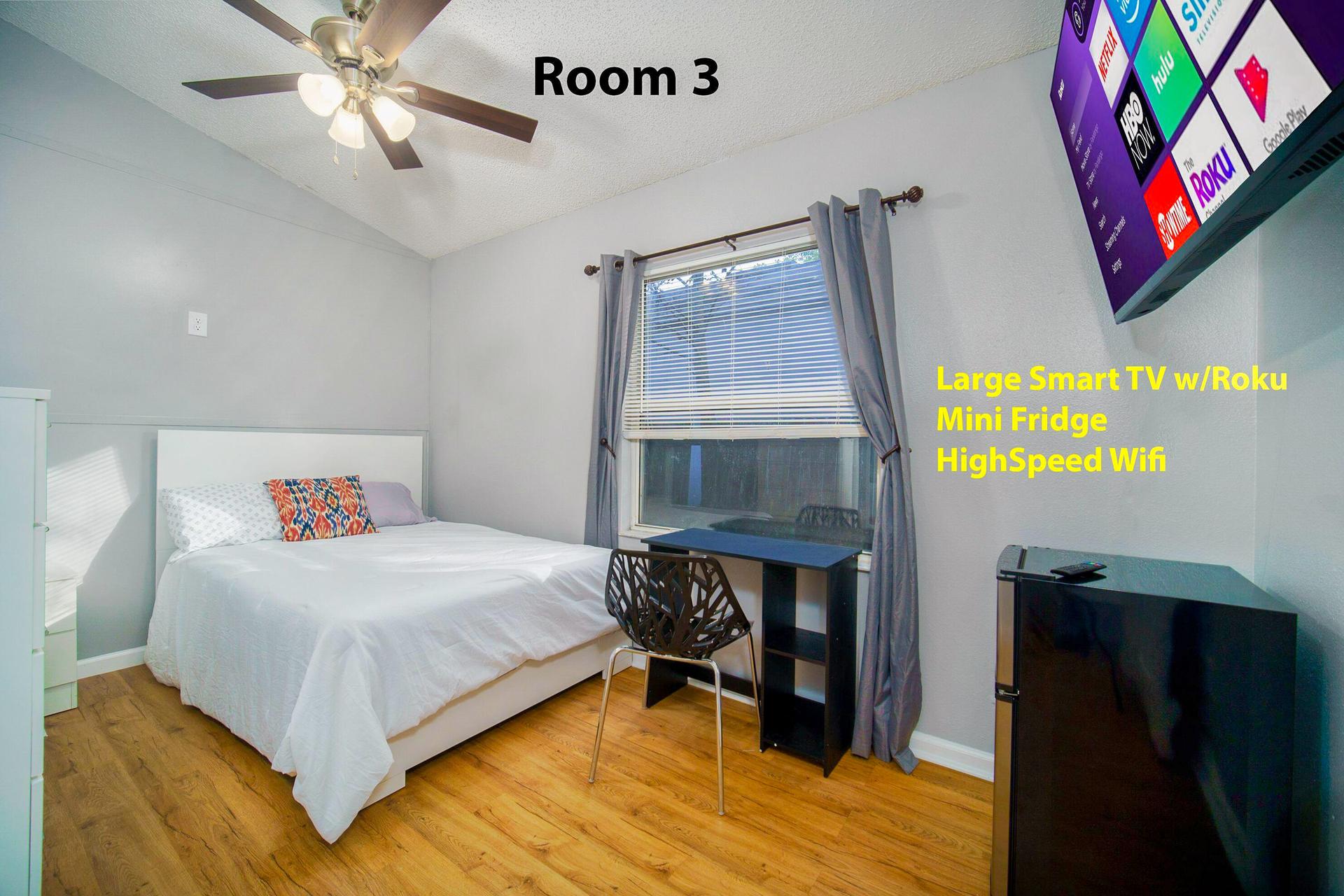 bedroom, detected:ceiling fan, bed, window blind