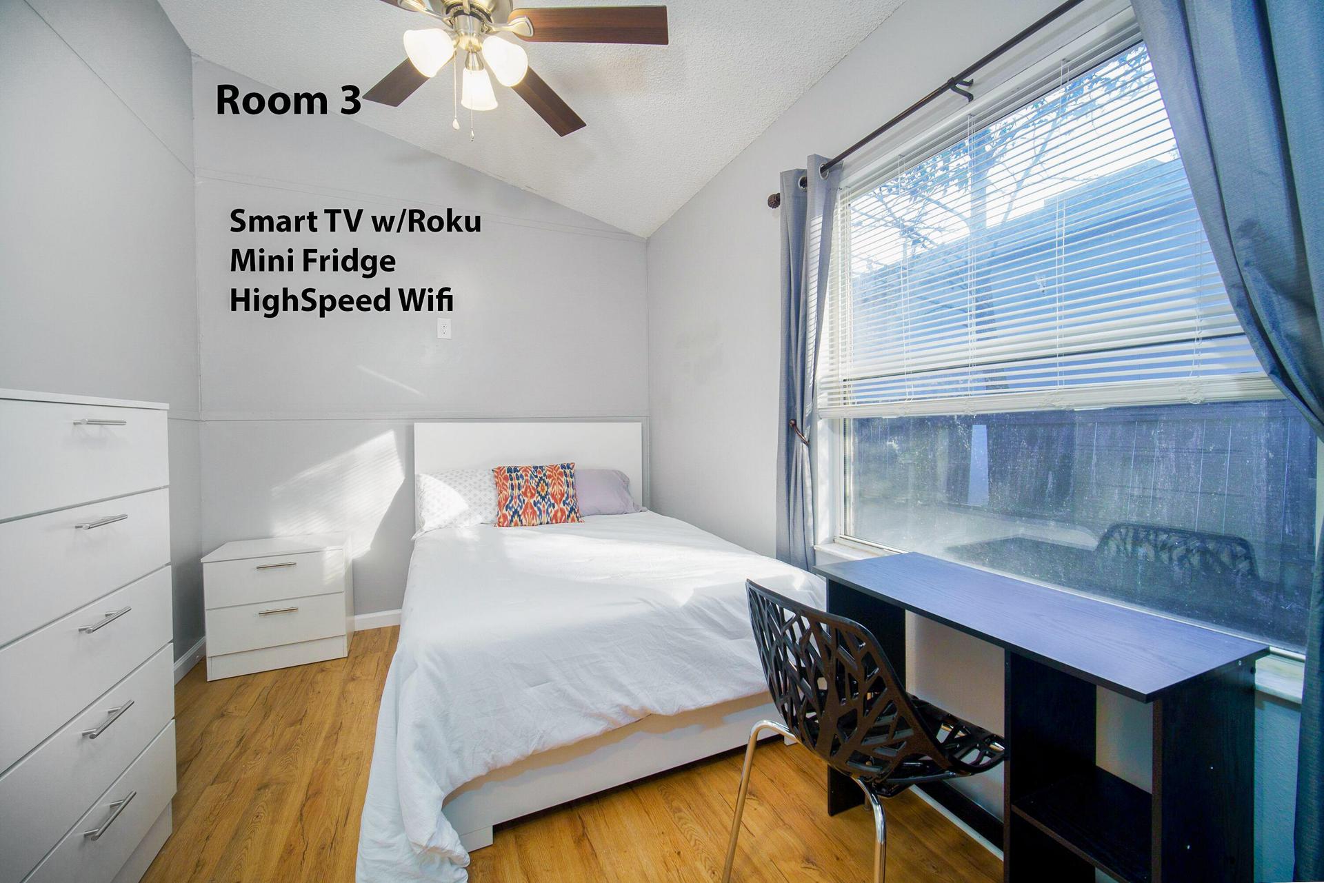bedroom, detected:ceiling fan, window blind, bed