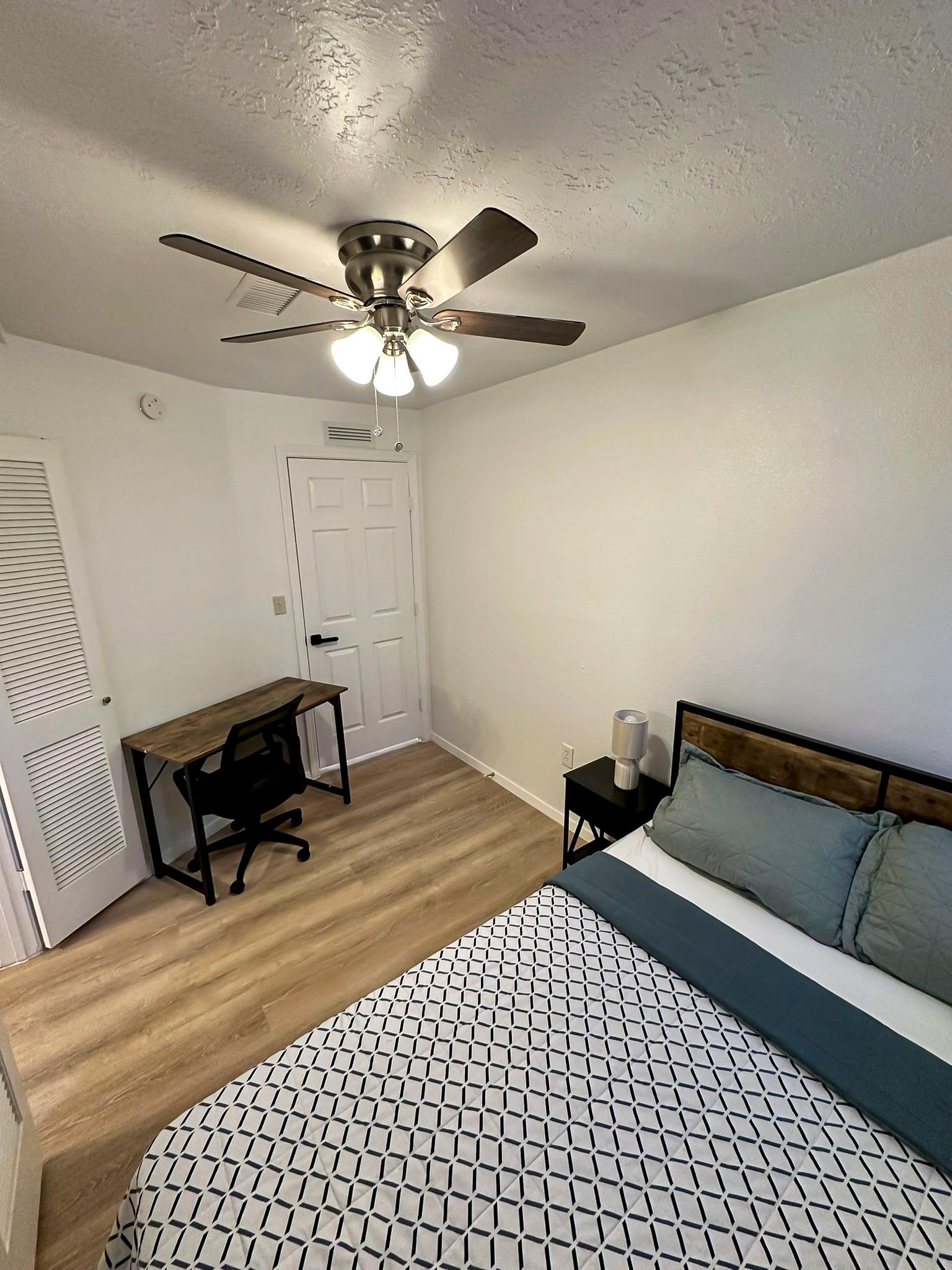bedroom, detected:ceiling fan, window blind, bed, carpet