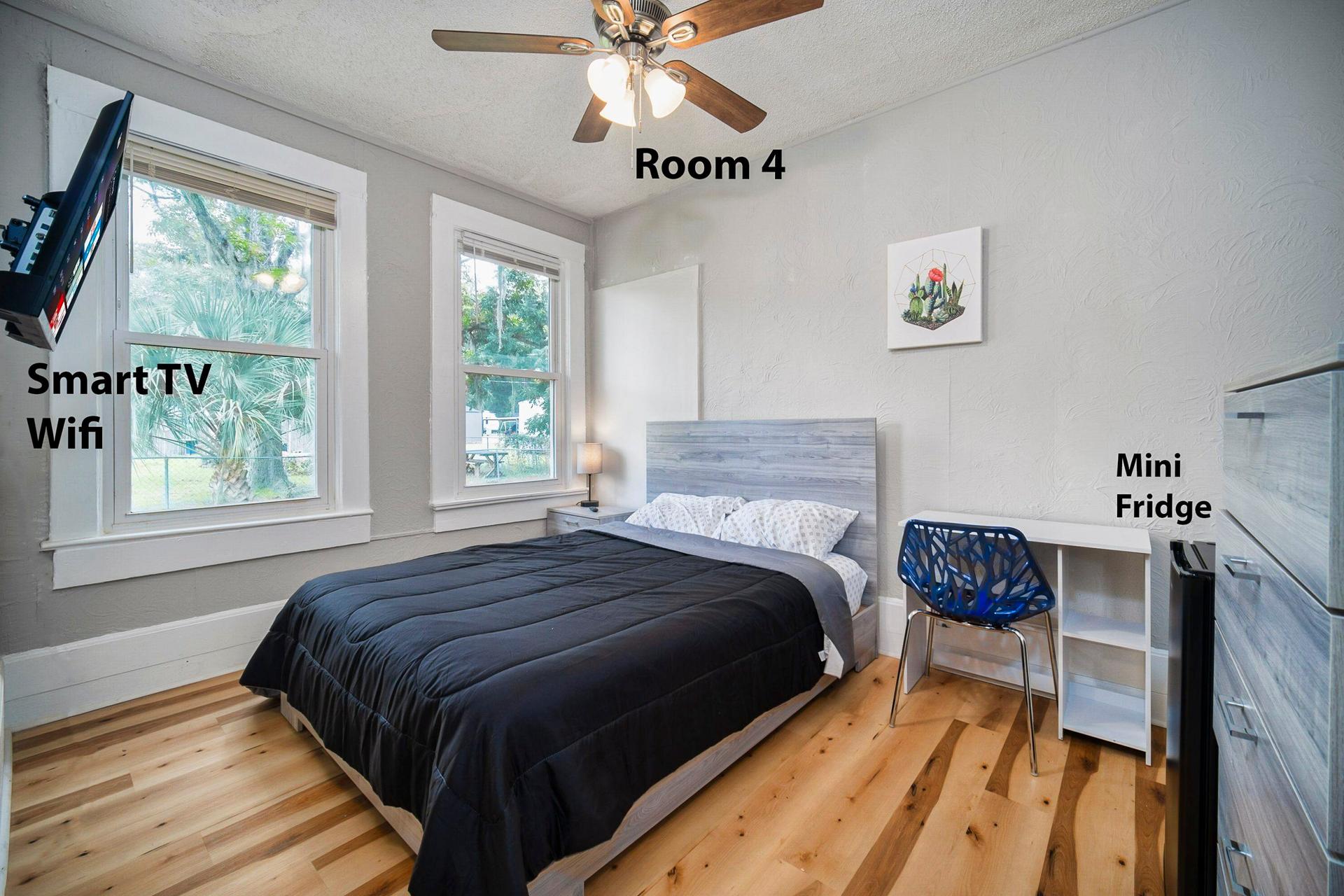 bedroom, detected:ceiling fan, bed, window blind