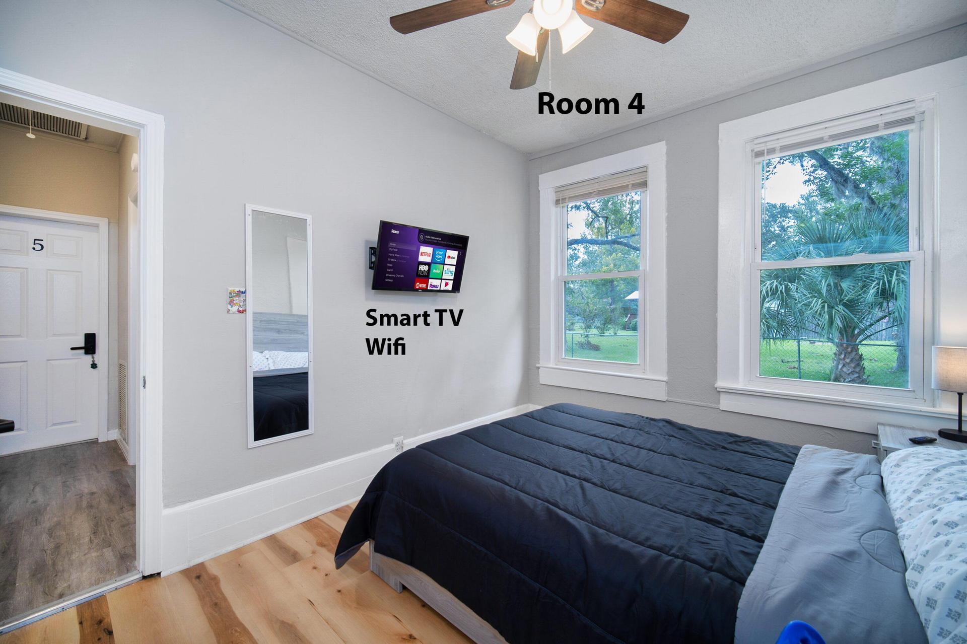 bedroom, detected:ceiling fan, window blind, bed