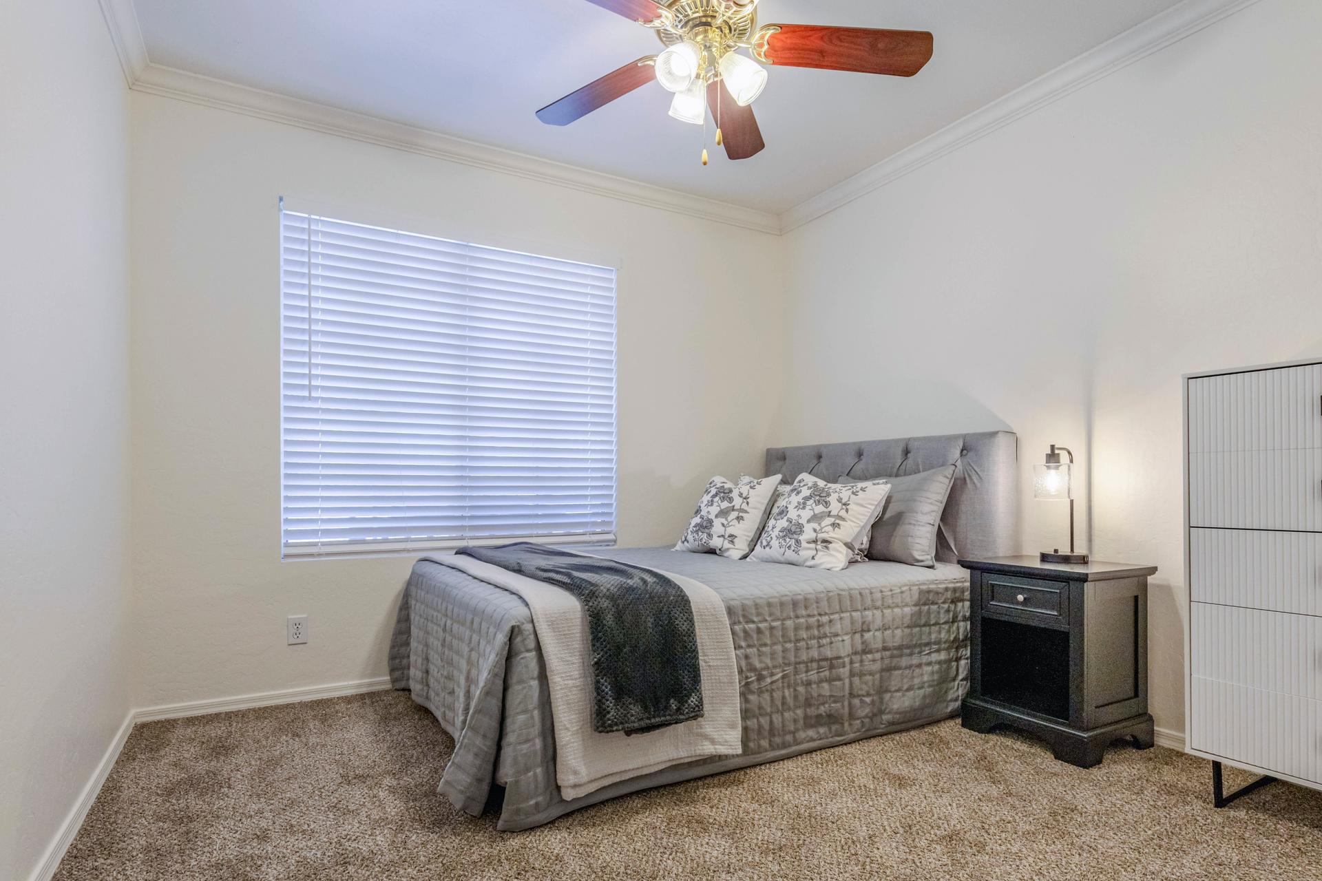 bedroom, detected:ceiling fan, window blind, bed