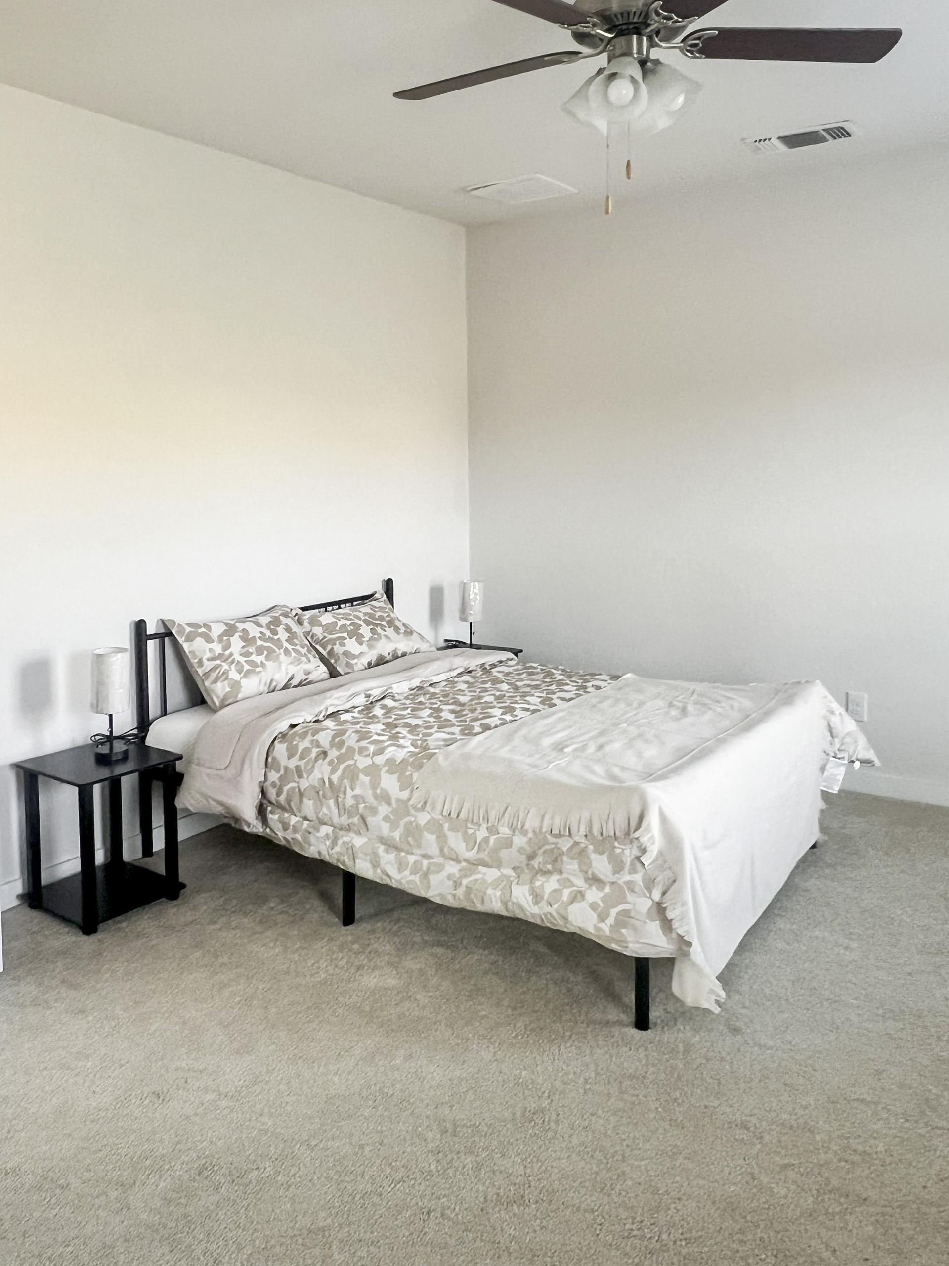 bedroom, detected:ceiling fan, bed, window blind
