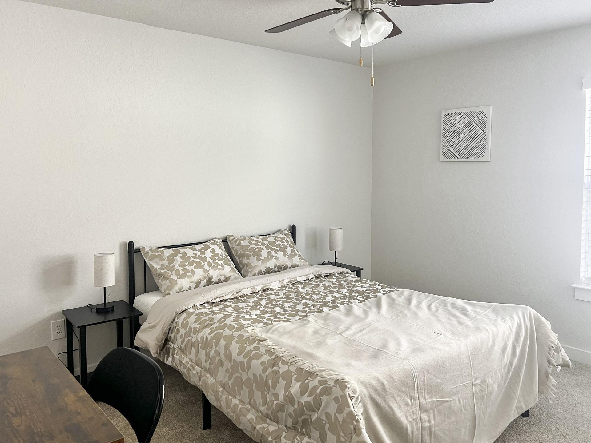 bedroom, detected:ceiling fan, window blind, bed