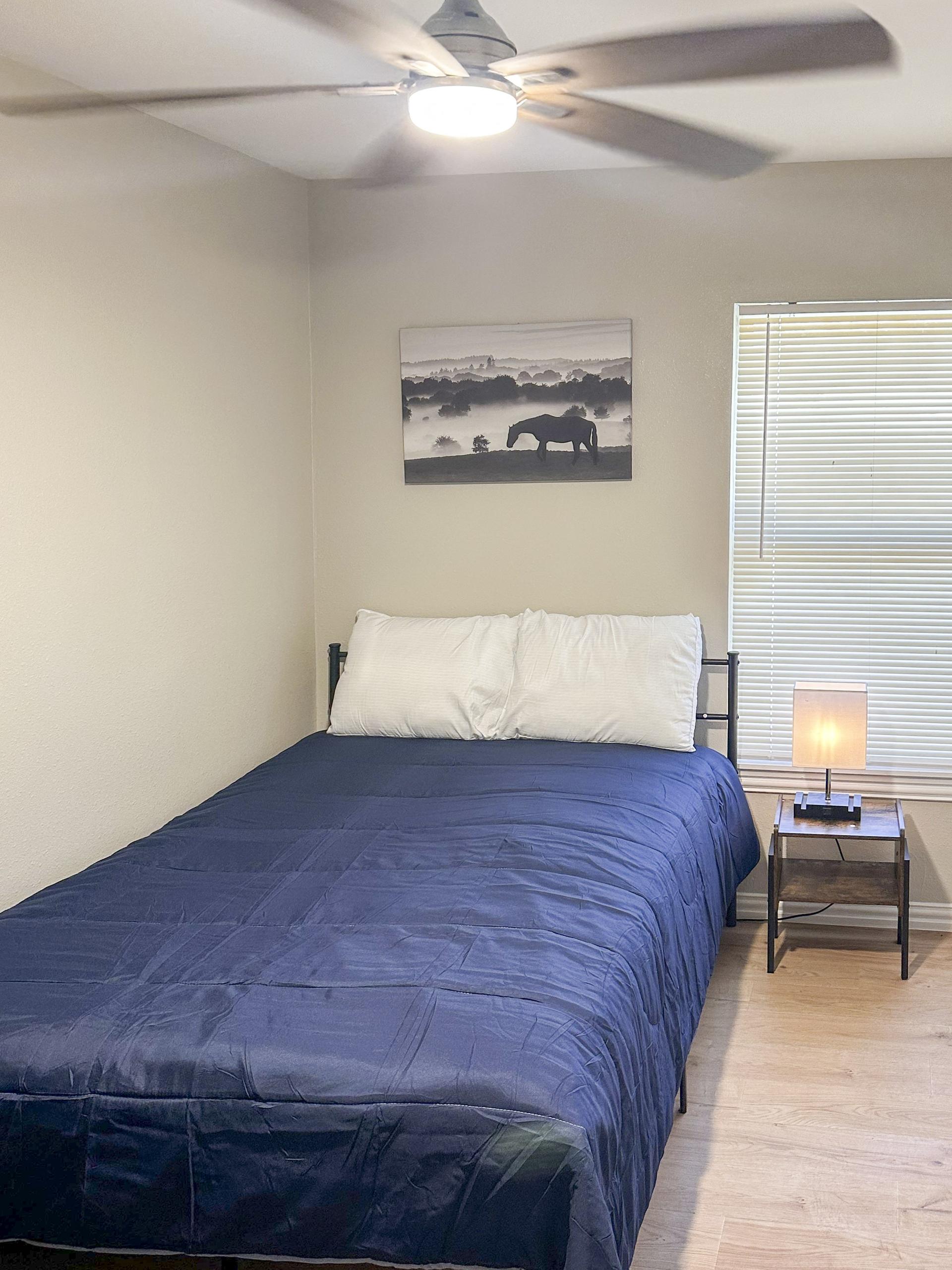 bedroom, detected:ceiling fan, window blind, bed