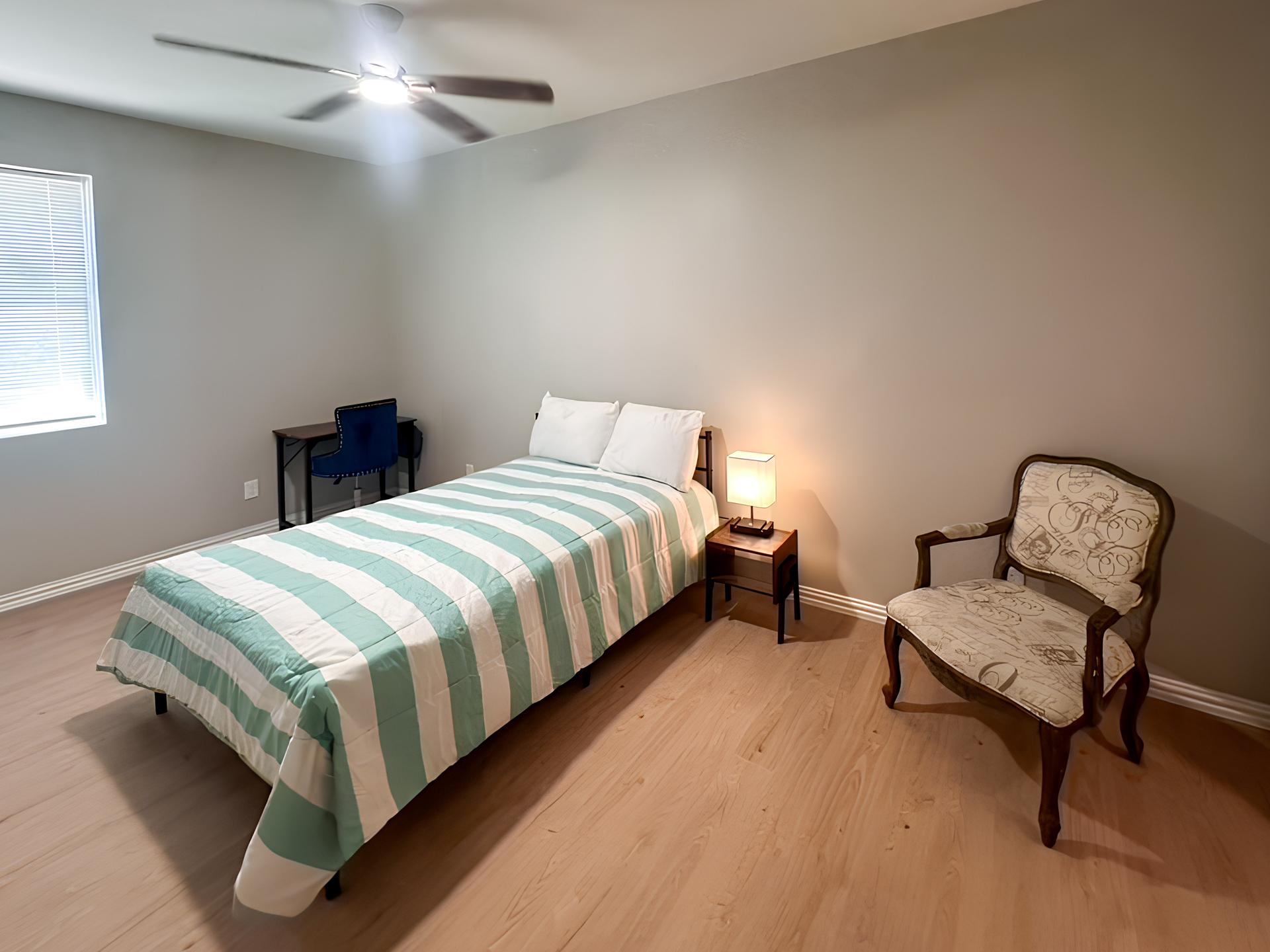bedroom, detected:window blind, bed, ceiling fan