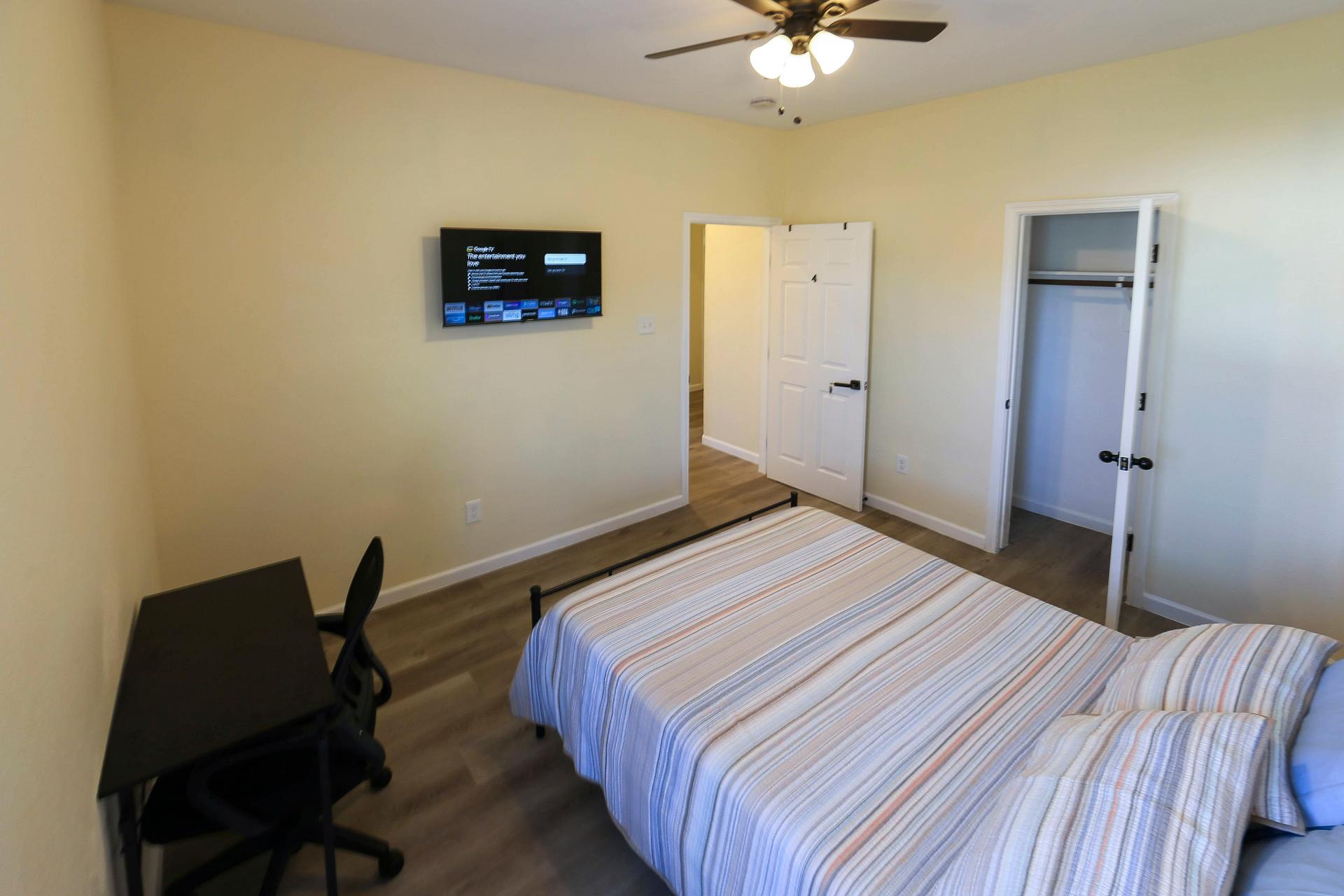 bedroom, detected:ceiling fan, window blind, bed