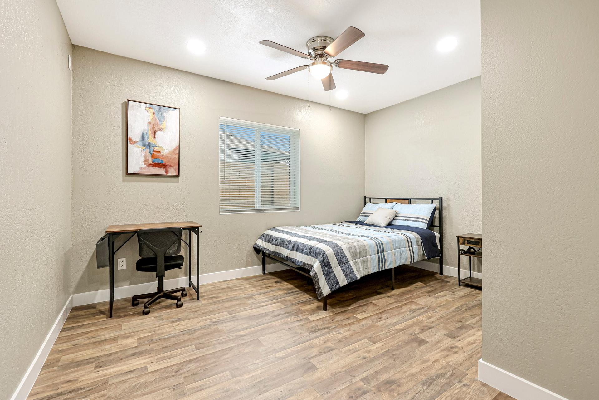 bedroom, detected:ceiling fan, bed, window blind