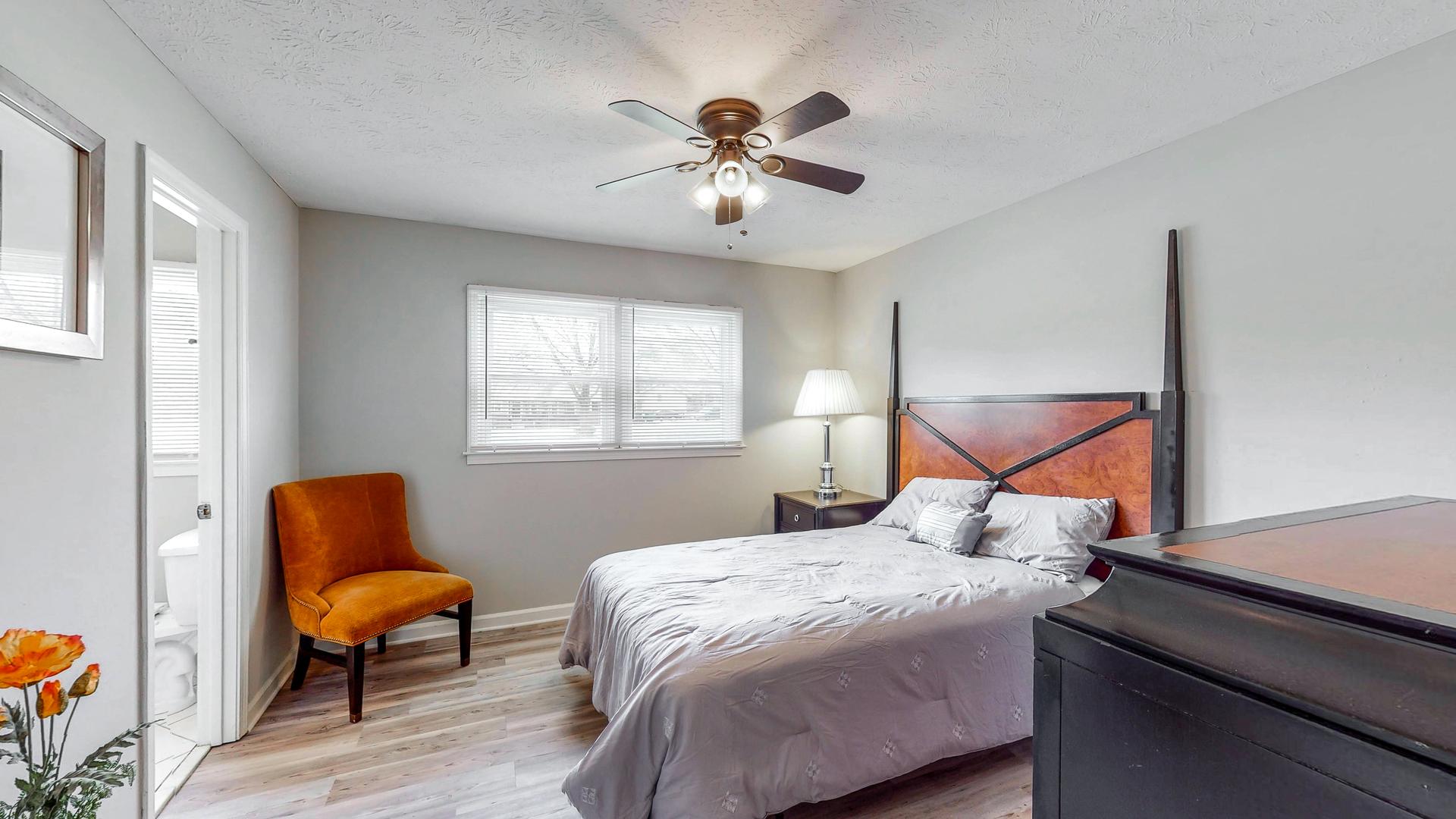 bedroom, detected: ceiling fan, window blind, bed
