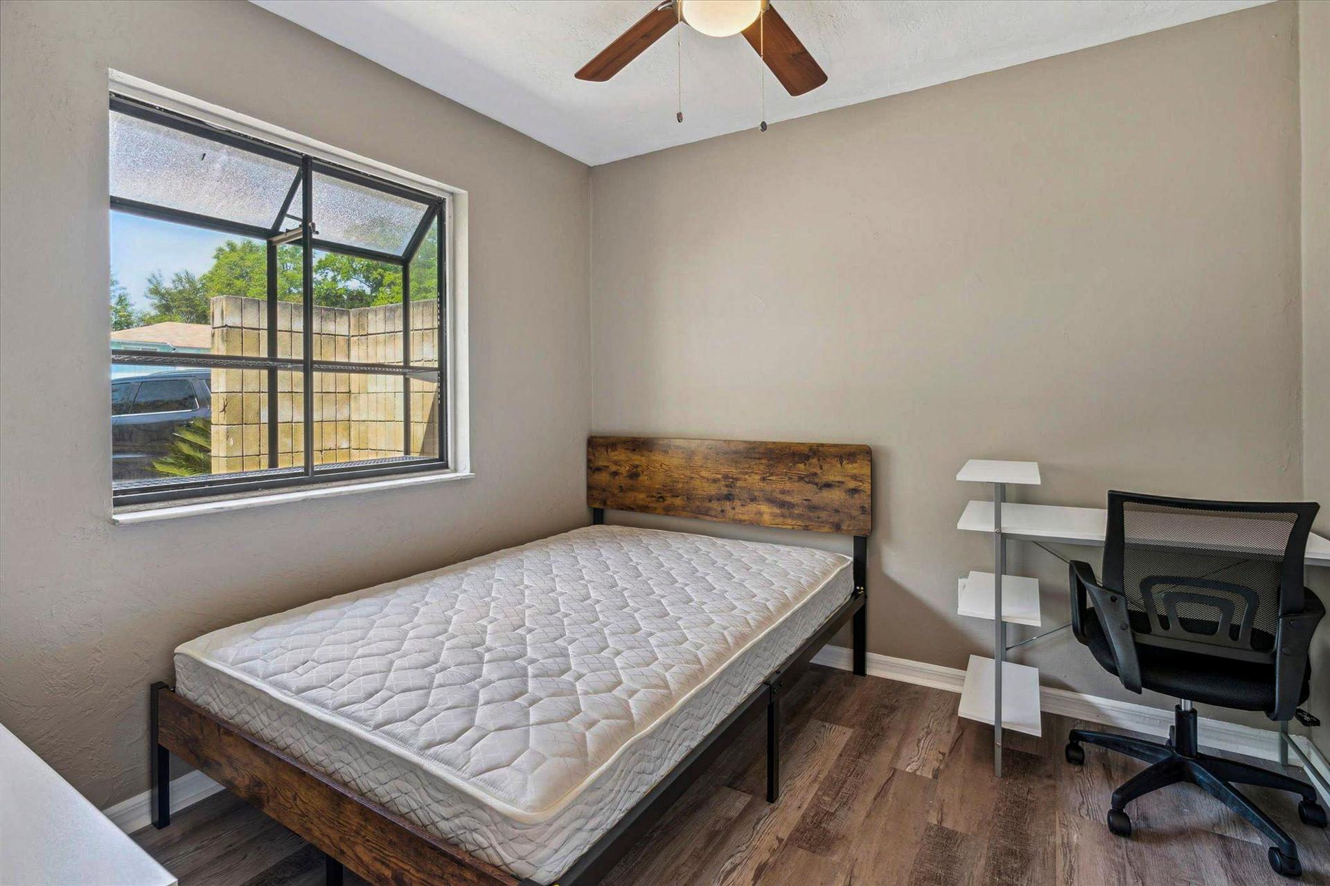 bedroom, detected:ceiling fan, window blind, bed