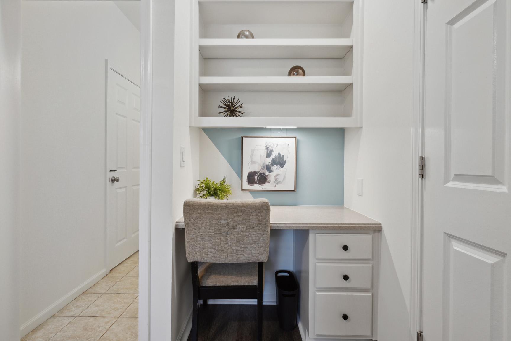 Close Up view of Spacious Work Area with Extra Storage and in toward
