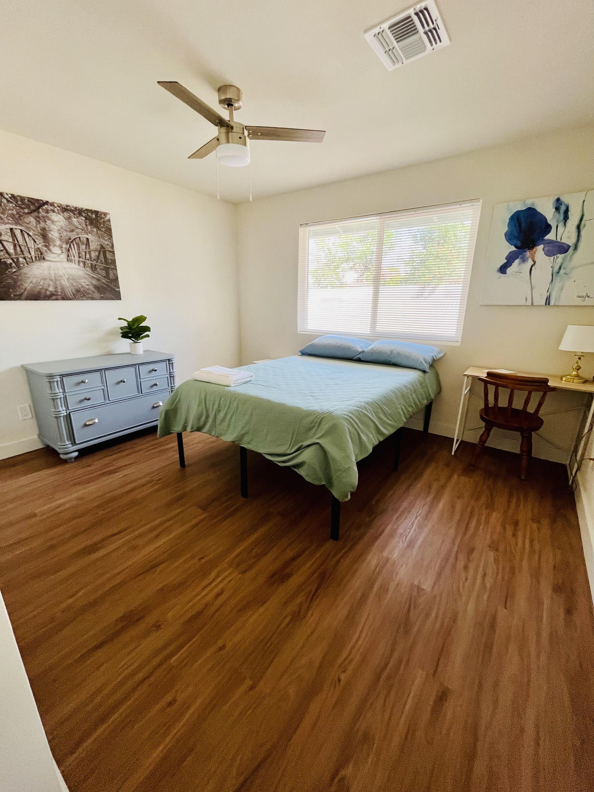 Full bed, dresser and work space