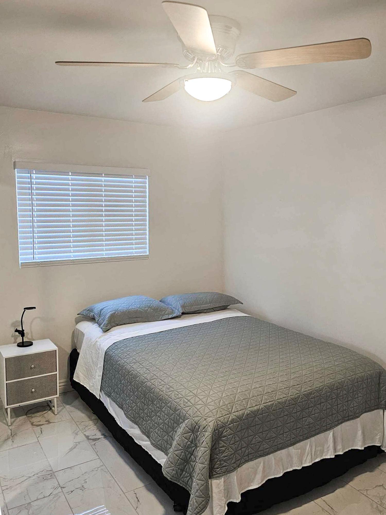 bedroom, detected:ceiling fan, window blind, bed