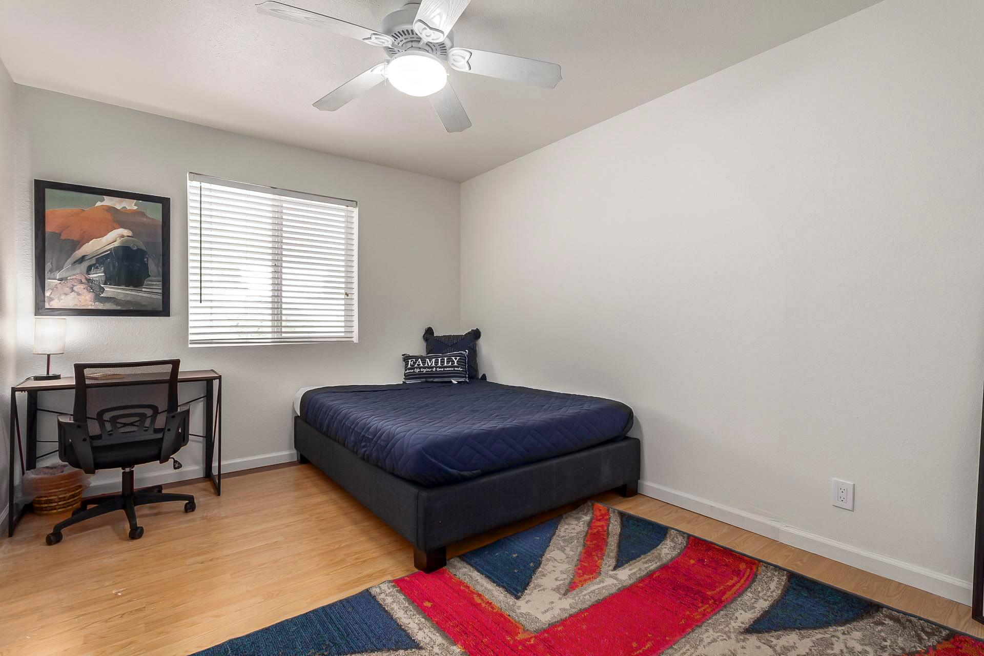 bedroom, detected:ceiling fan, window blind, carpet, bed