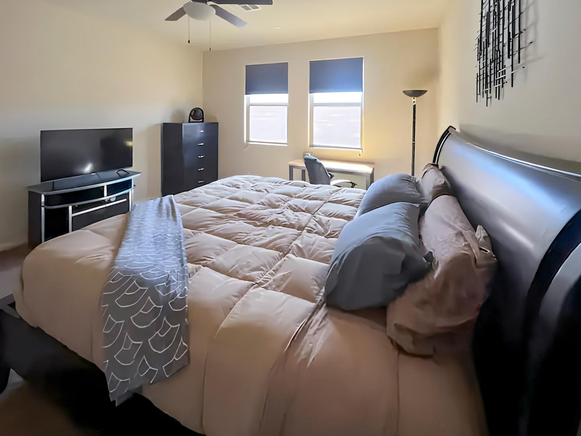 bedroom, detected:ceiling fan, bed, window blind