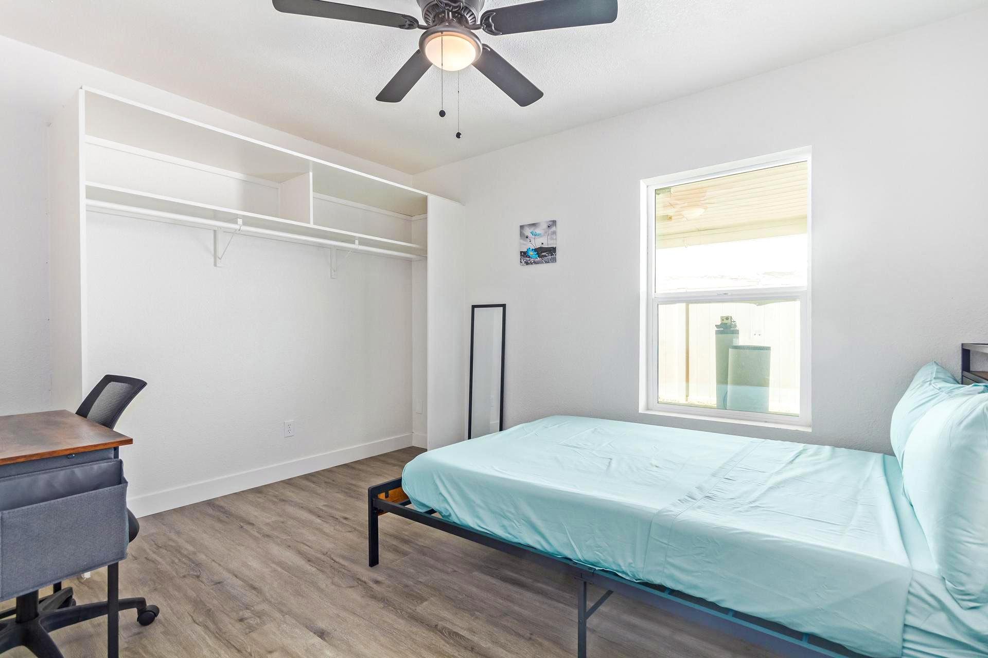 bedroom, detected:ceiling fan, window blind, bed
