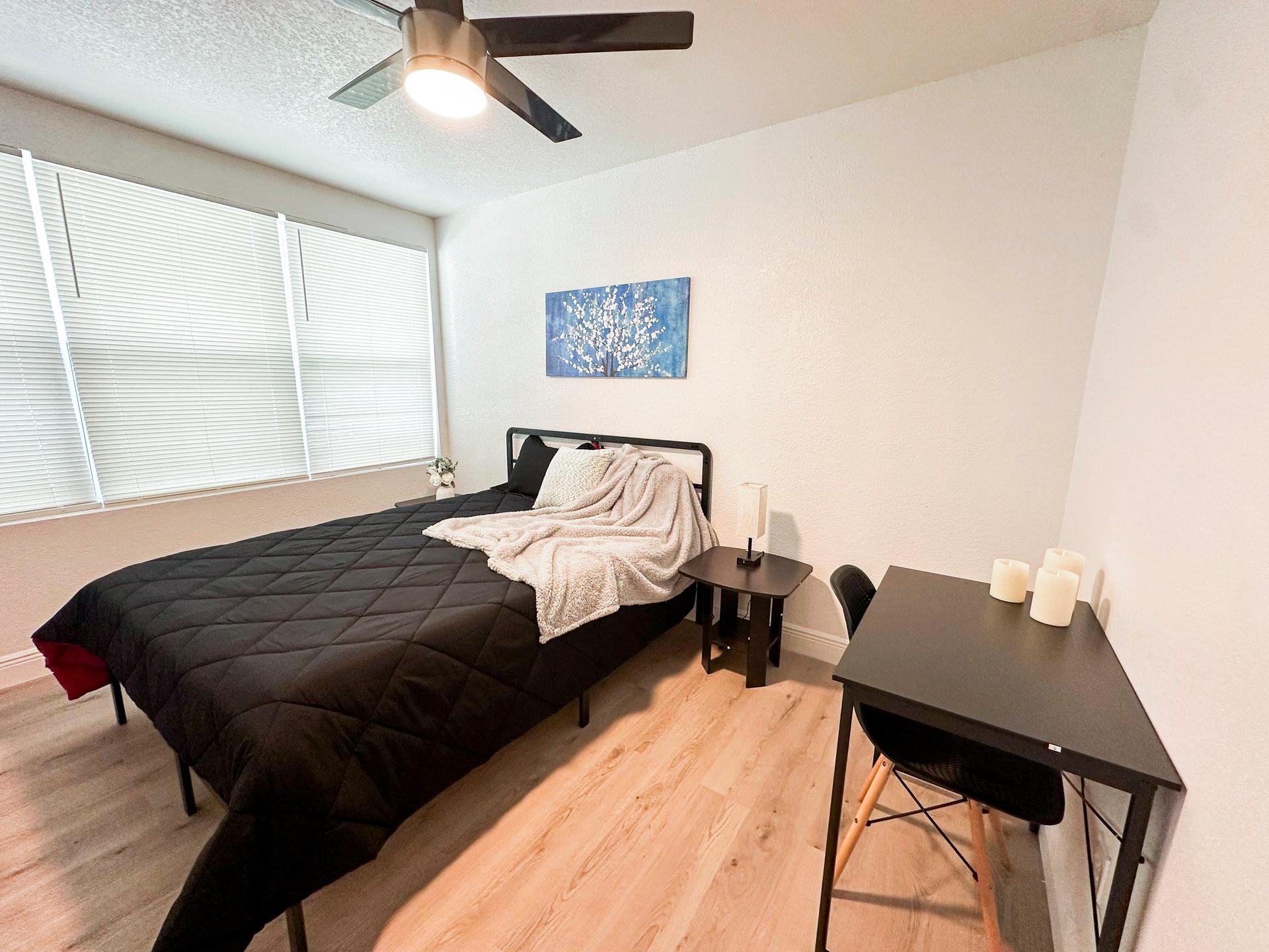 bedroom, detected:ceiling fan, window blind, bed