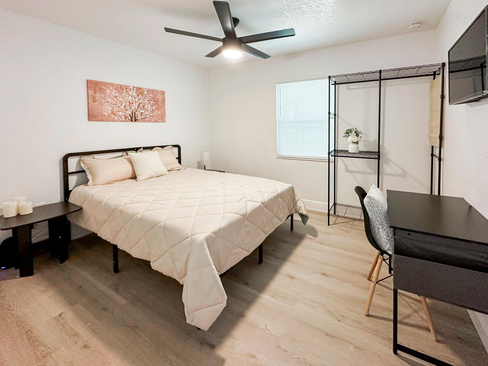 bedroom, detected:ceiling fan, bed, window blind