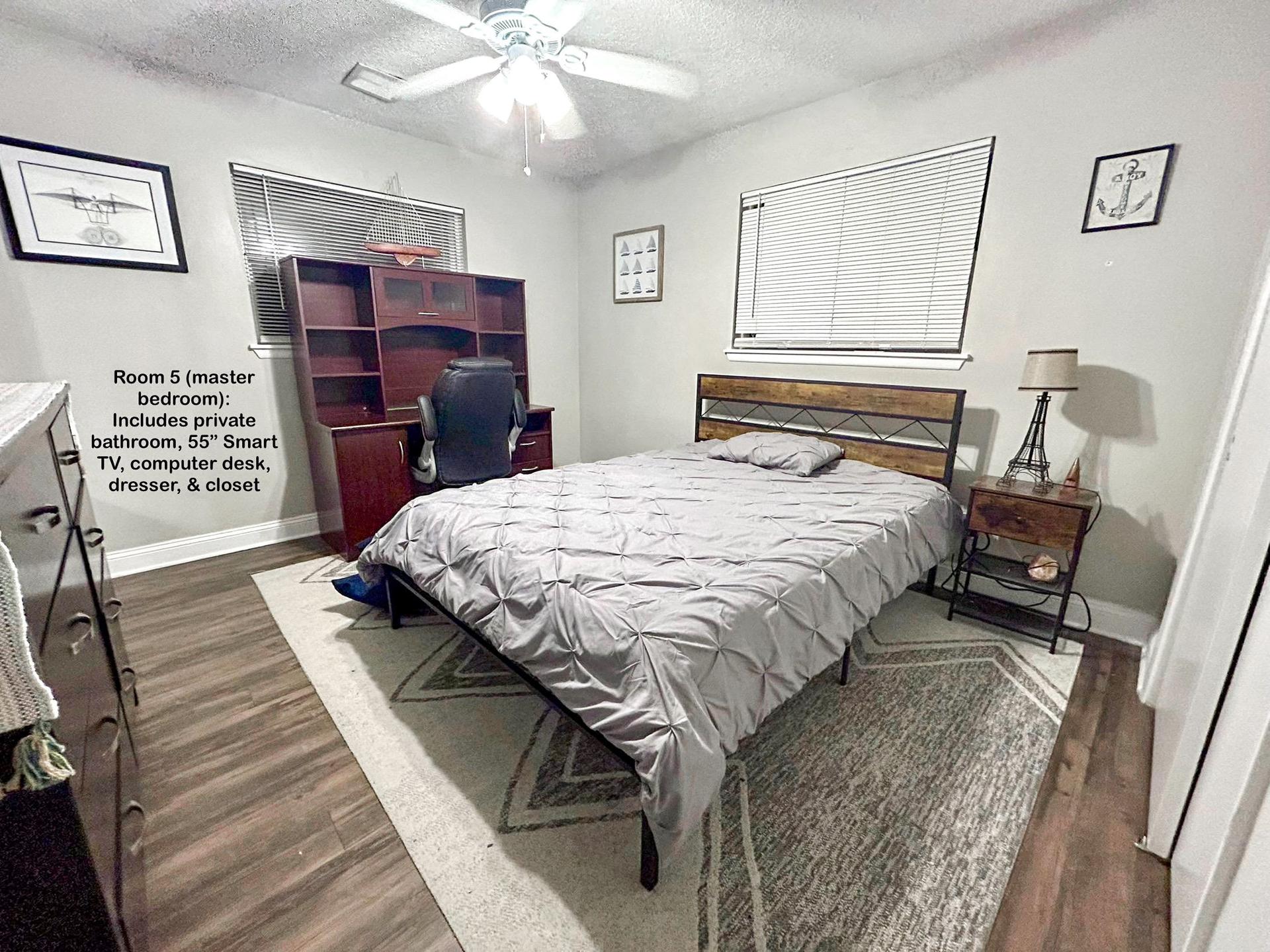 bedroom, detected:ceiling fan, bed, window blind