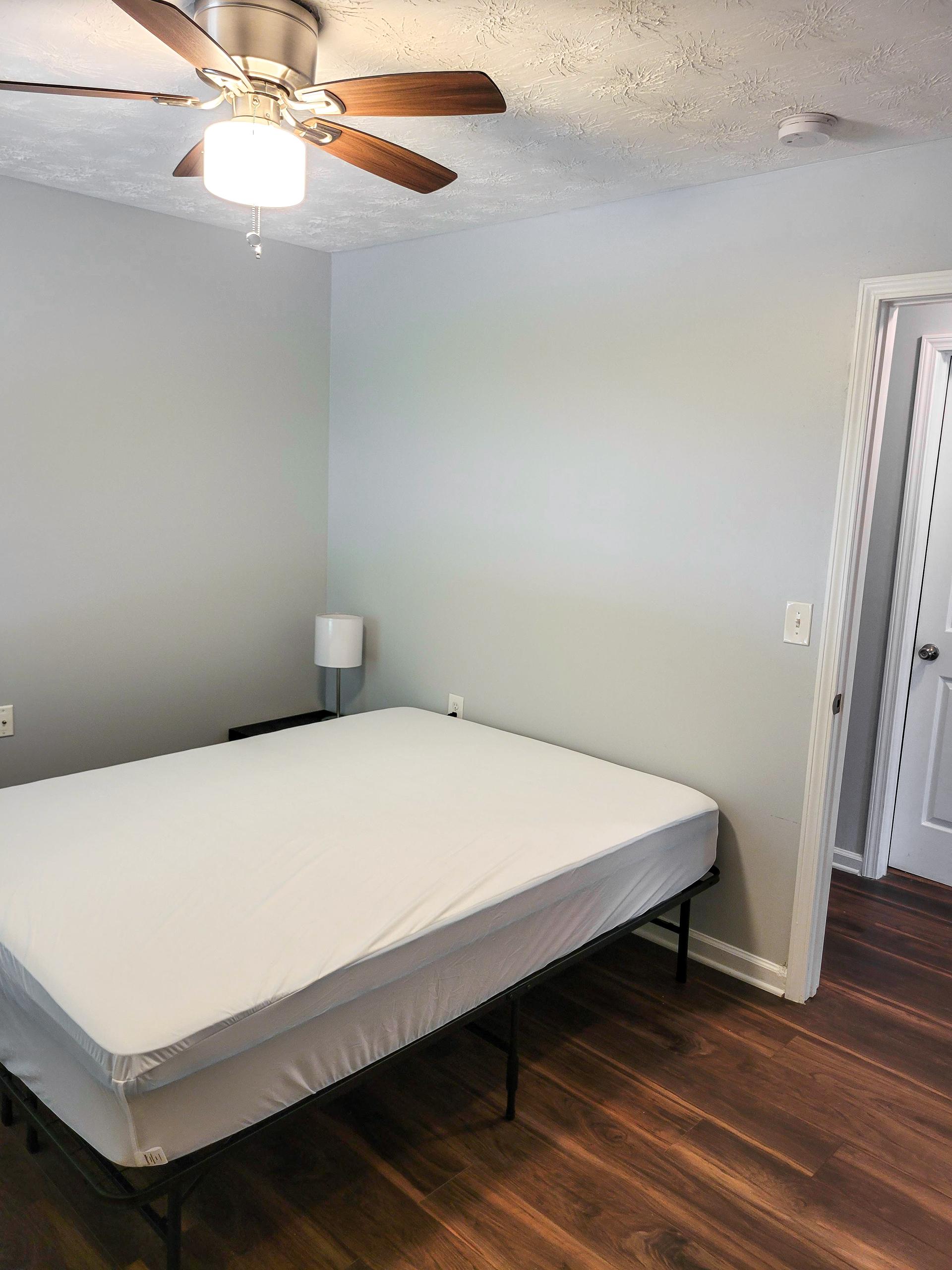 bedroom, detected: ceiling fan, bed, window blind
