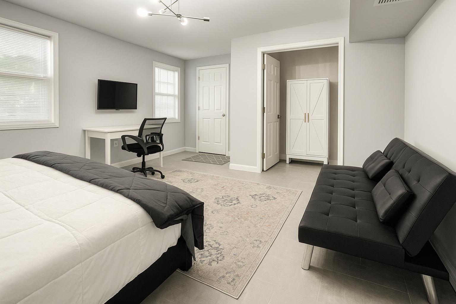 Large closet with two closet rods and armoire