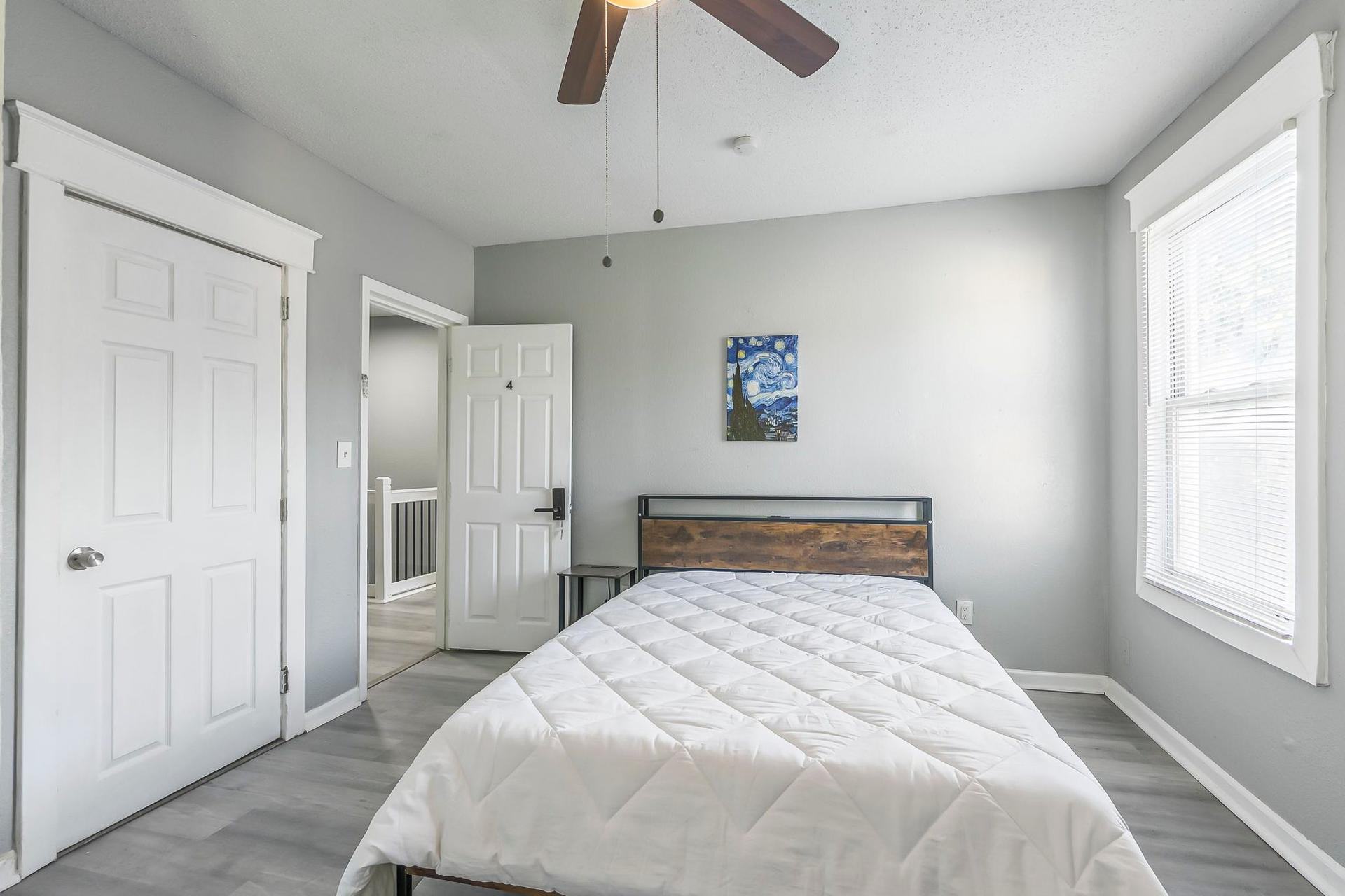 bedroom, detected:bed, ceiling fan, window blind