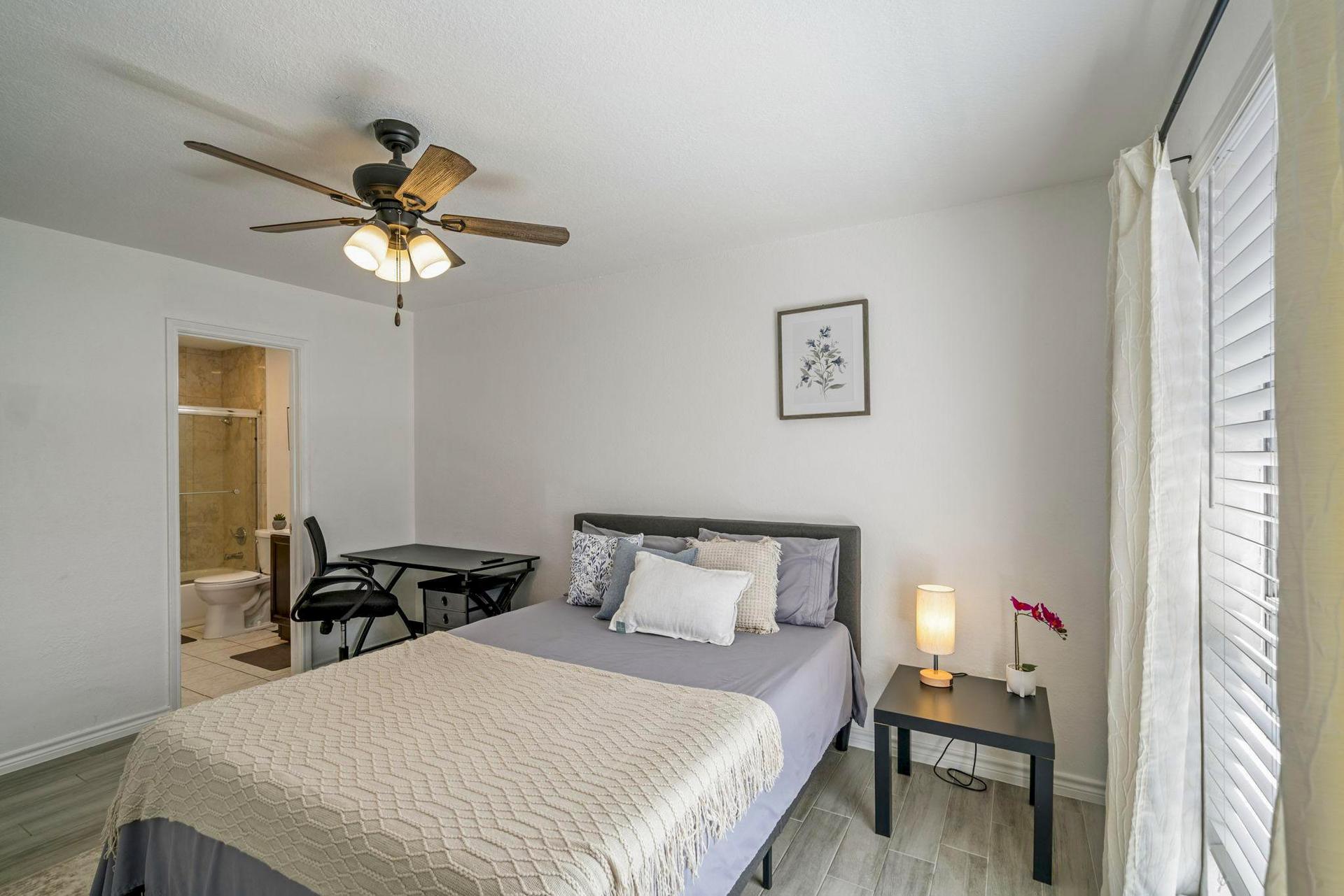 bedroom, detected:bed, ceiling fan, window blind