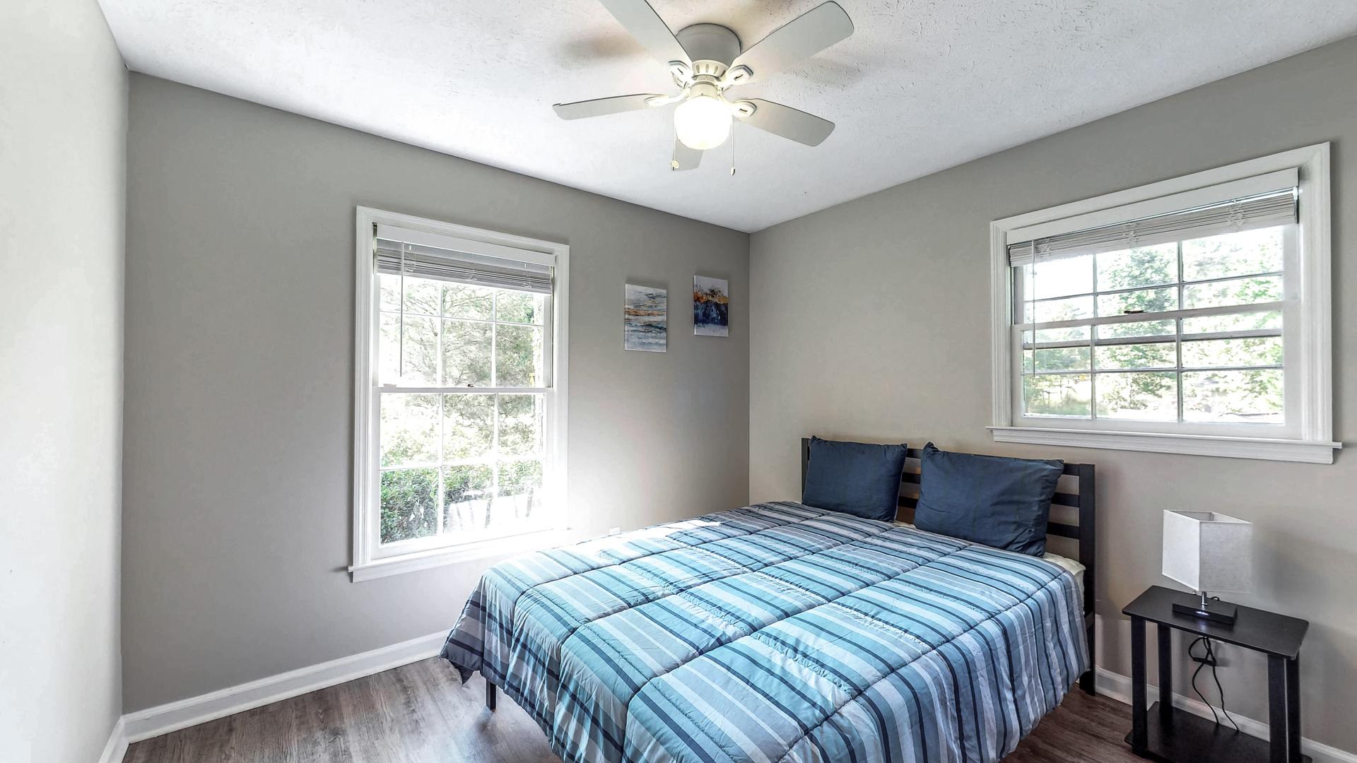 bedroom, detected: ceiling fan, bed, window blind