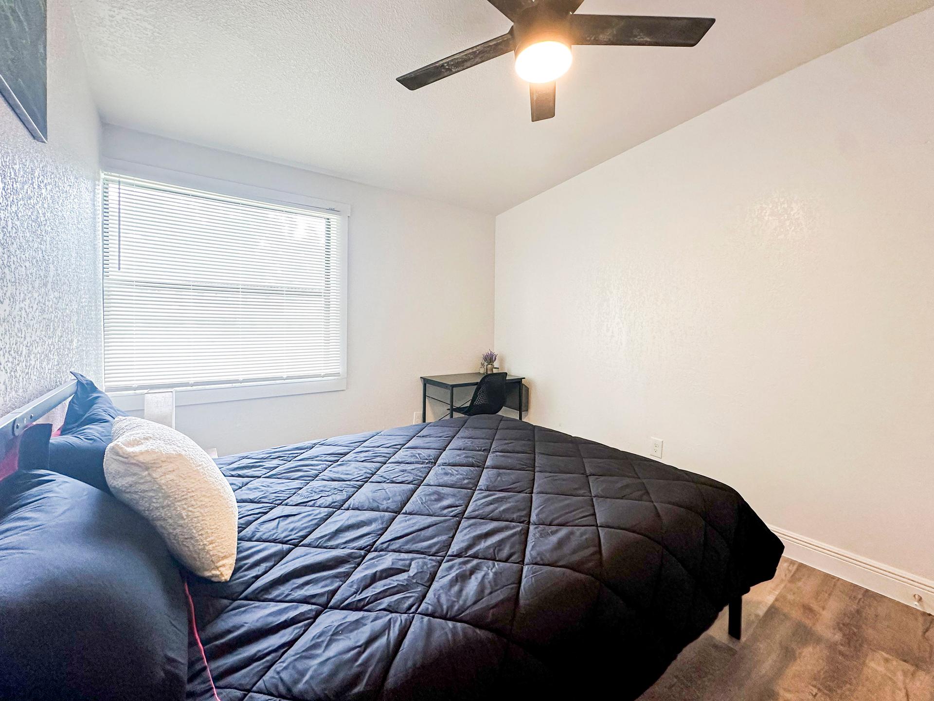 bedroom, detected:ceiling fan, window blind, bed