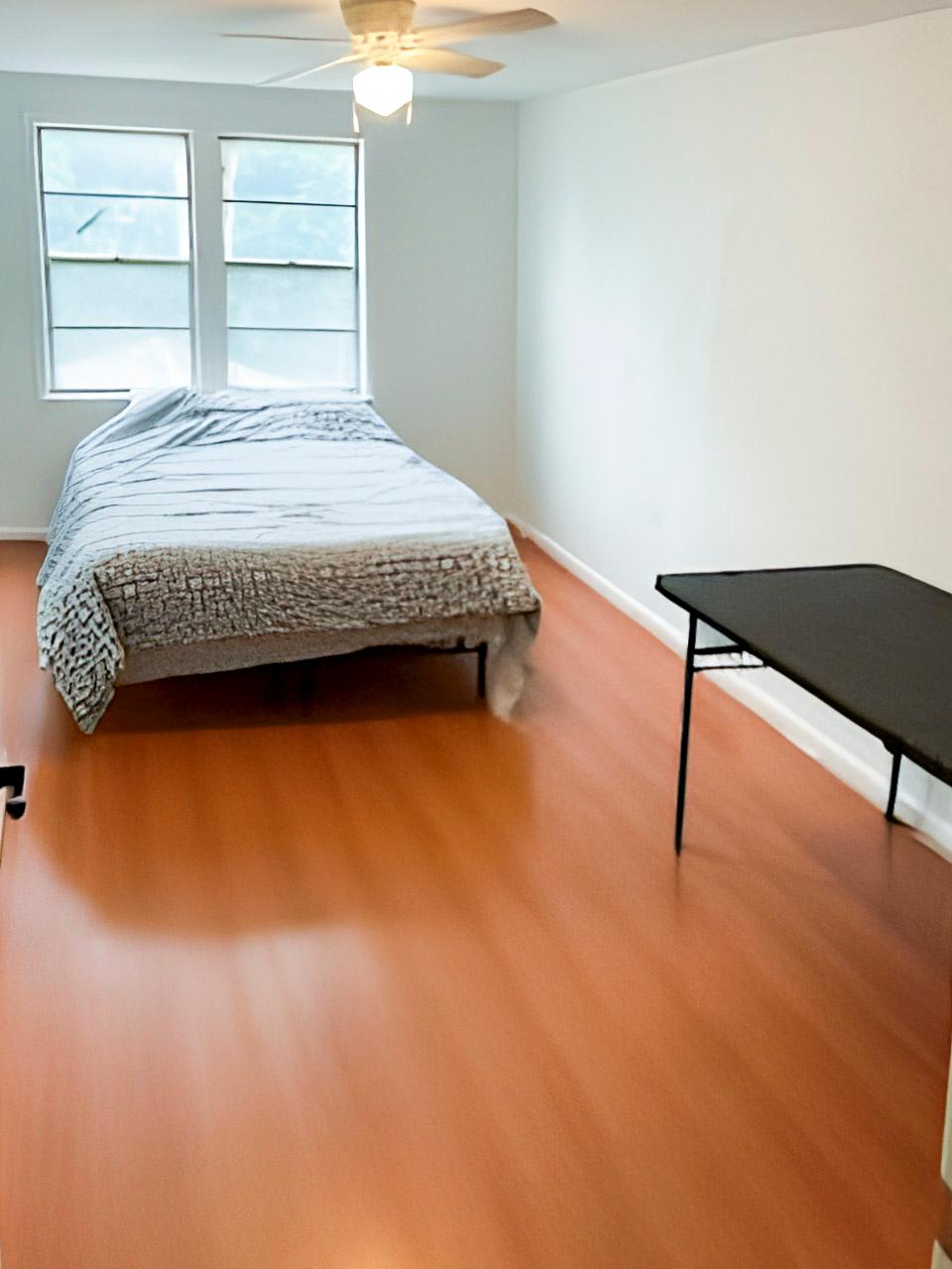 bedroom, detected:bed, window blind, ceiling fan