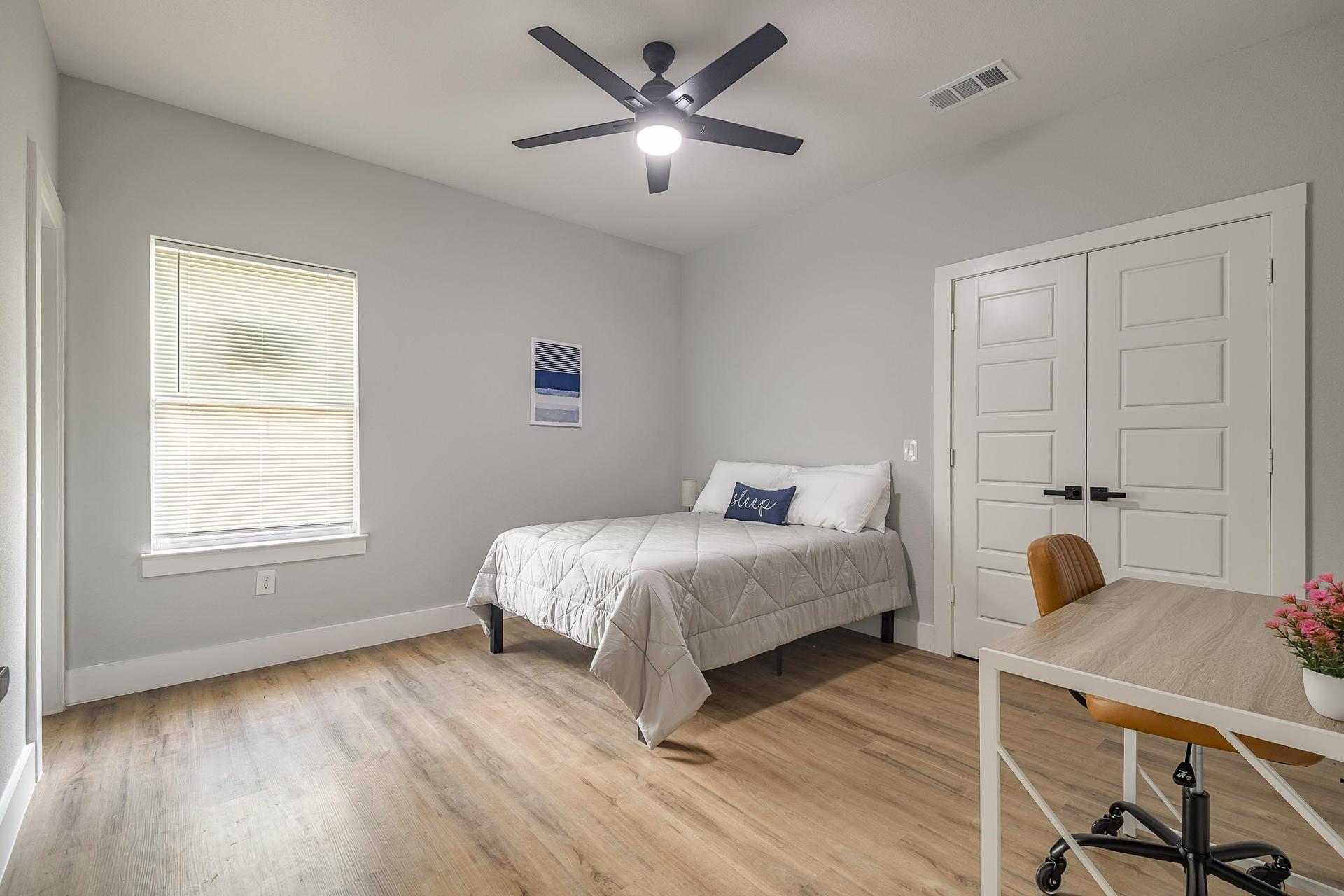 bedroom, detected:ceiling fan, window blind, bed