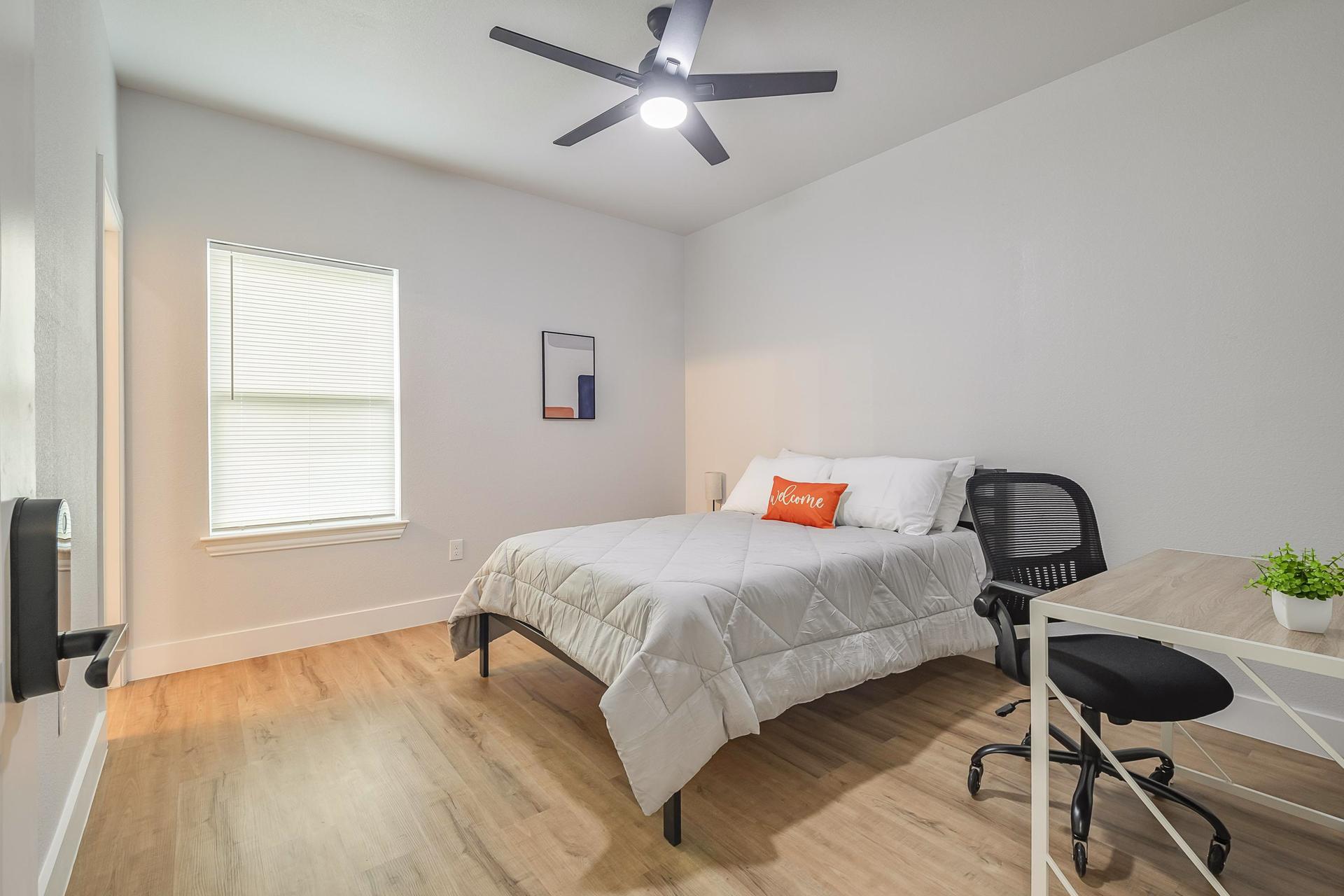 bedroom, detected:ceiling fan, window blind, bed
