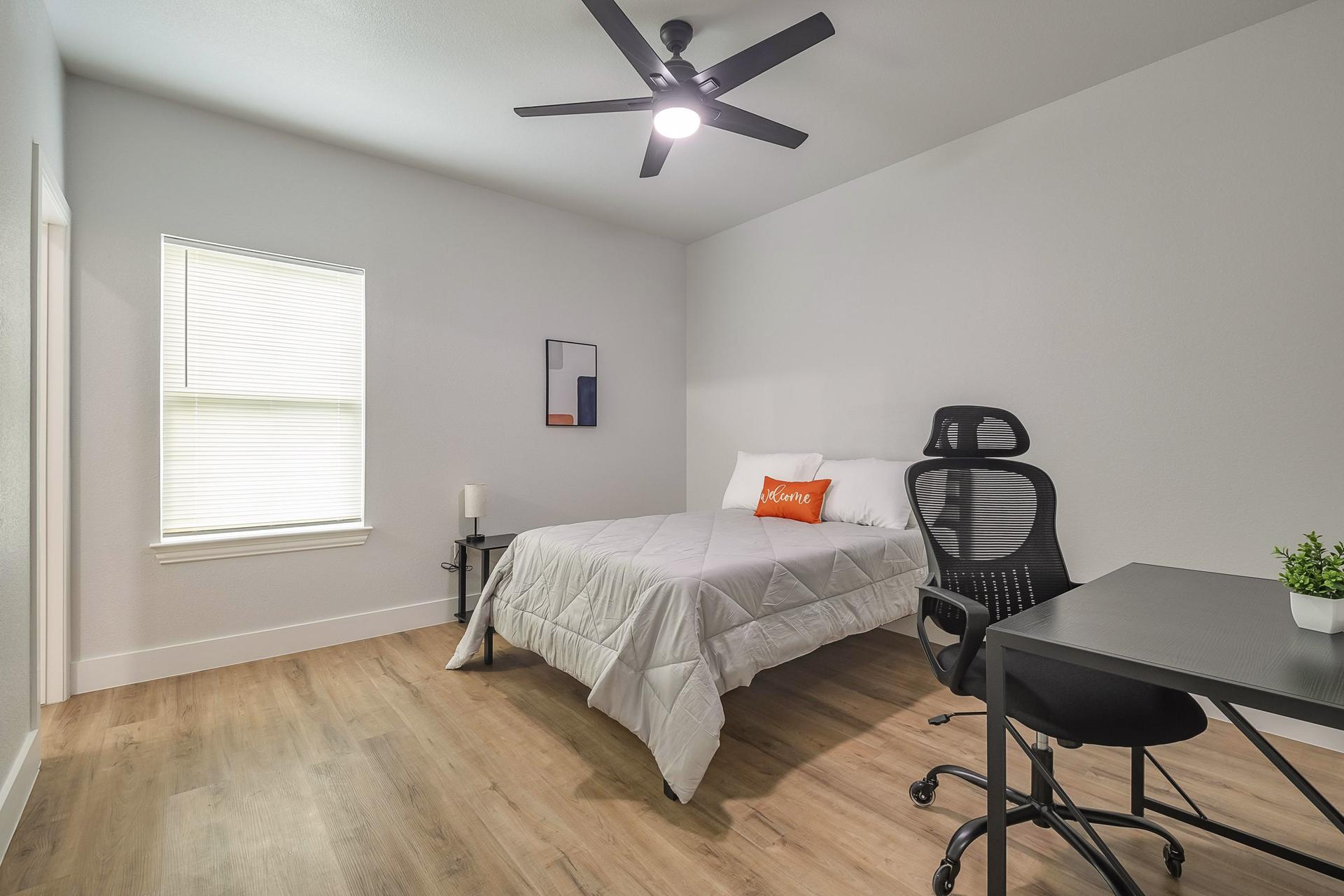 bedroom, detected:ceiling fan, window blind, bed