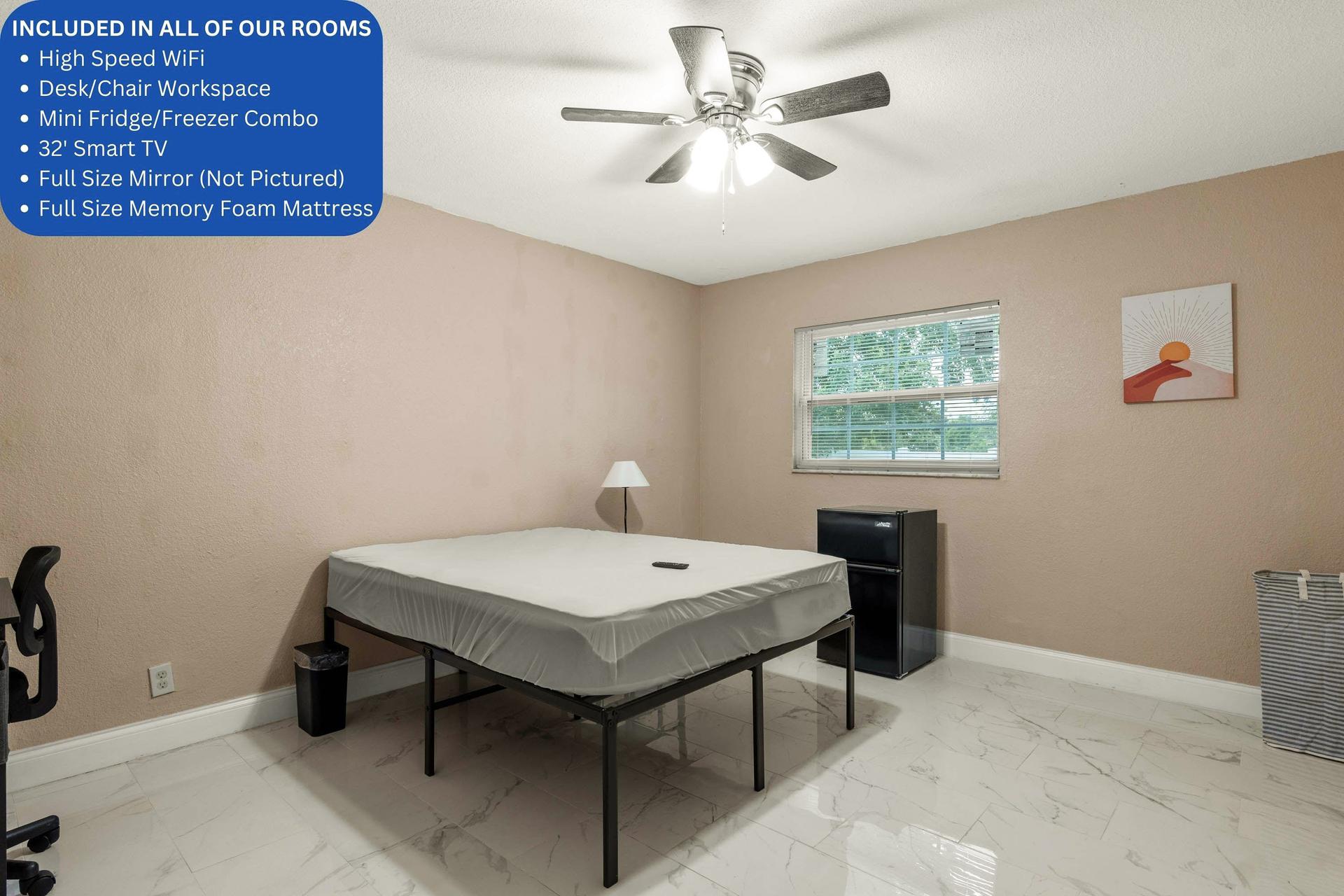 bedroom, detected:ceiling fan, window blind, bed