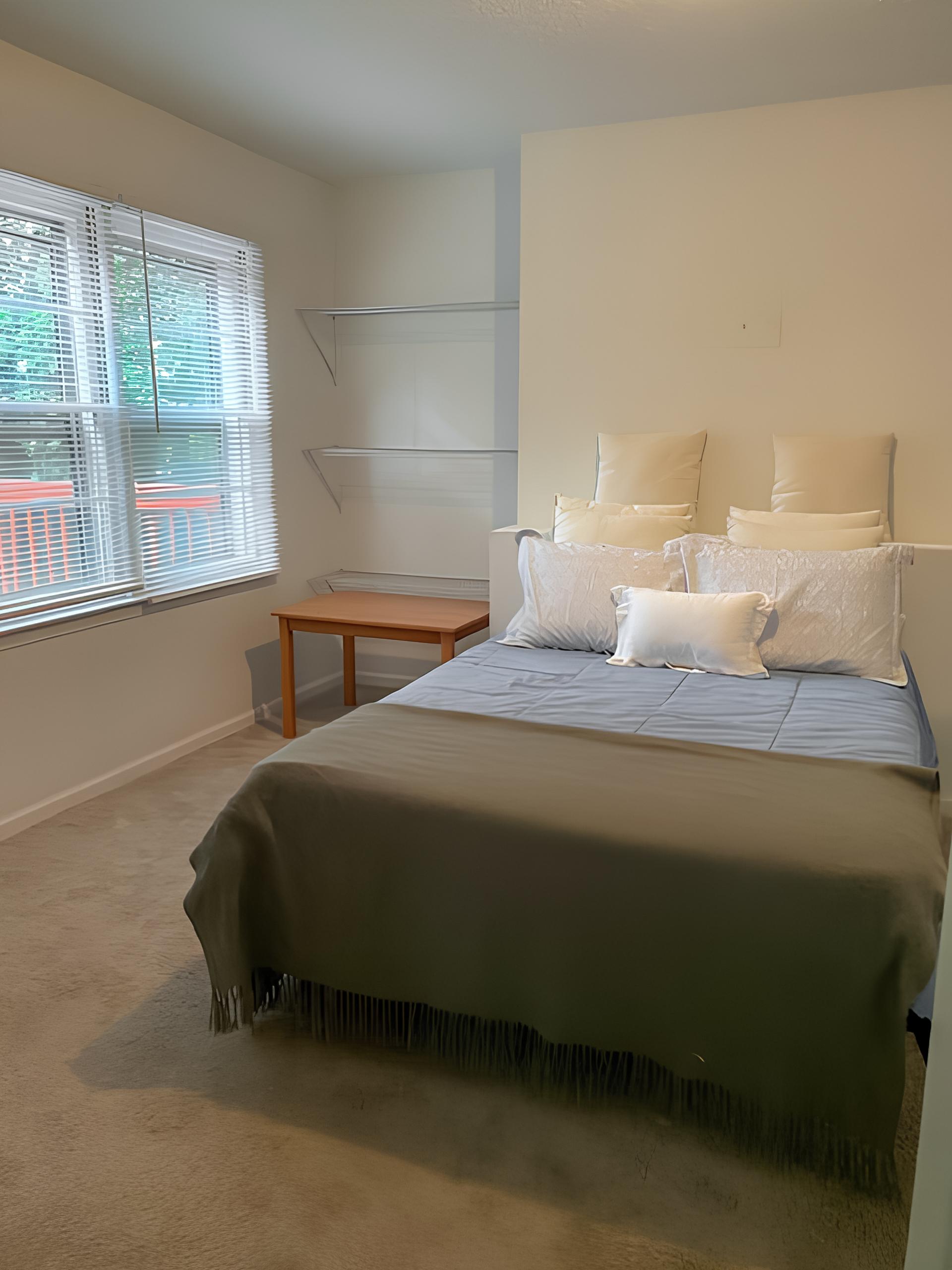 bedroom, detected: window blind, bed
