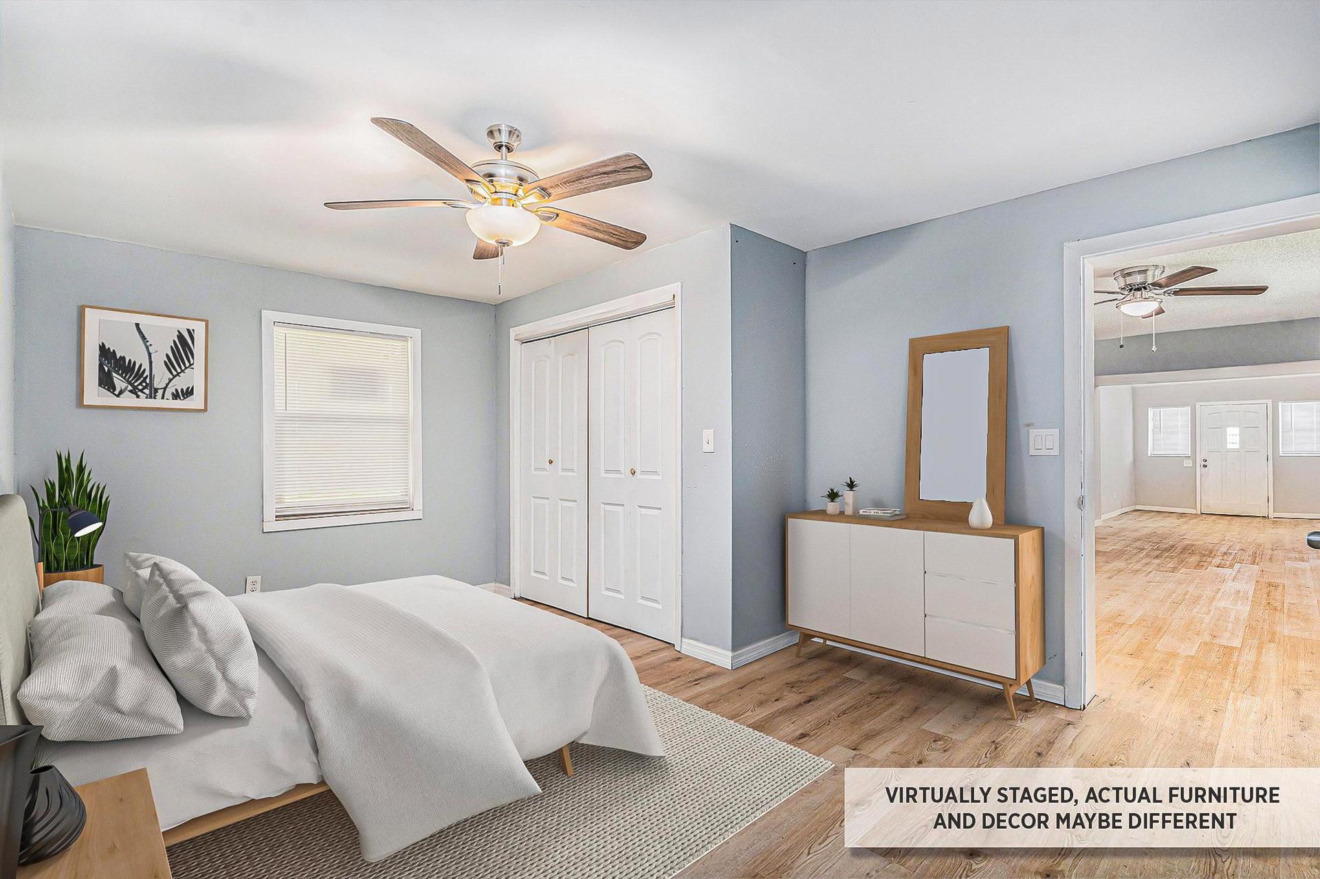bedroom, detected:ceiling fan, bed, window blind