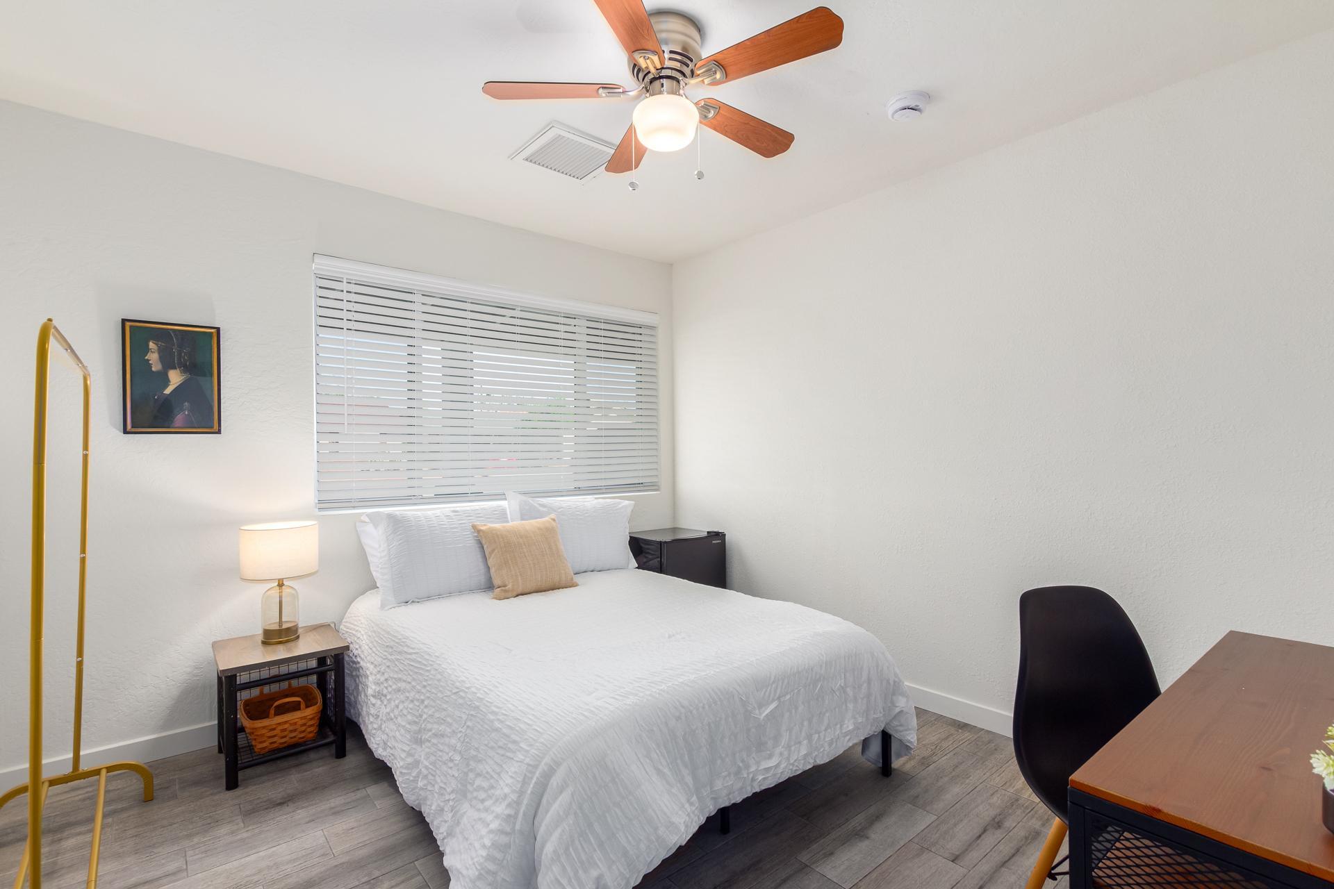 Room 5-ceiling fan, desk and chair and mini fridge