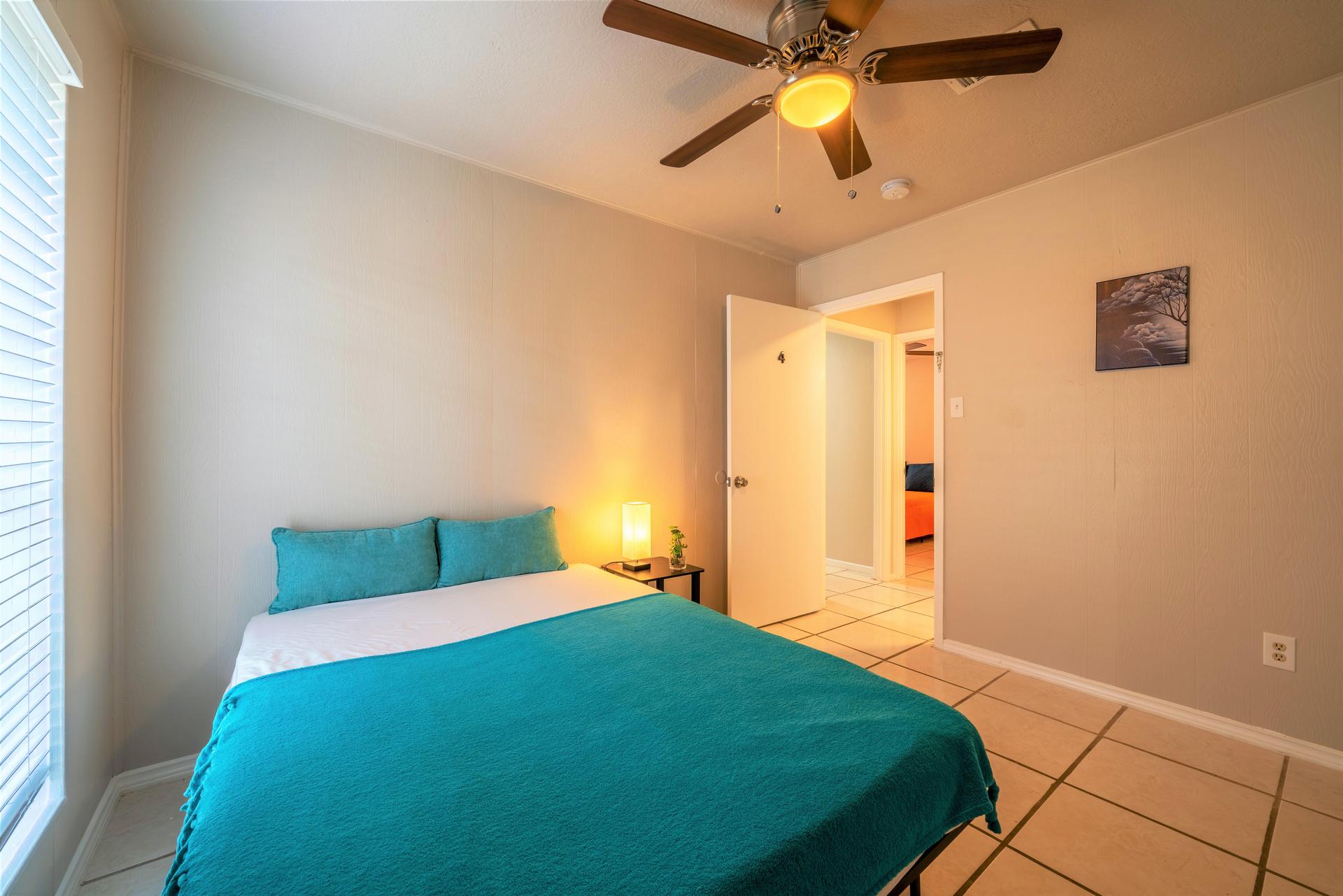 bedroom, detected: ceiling fan, bed, window blind