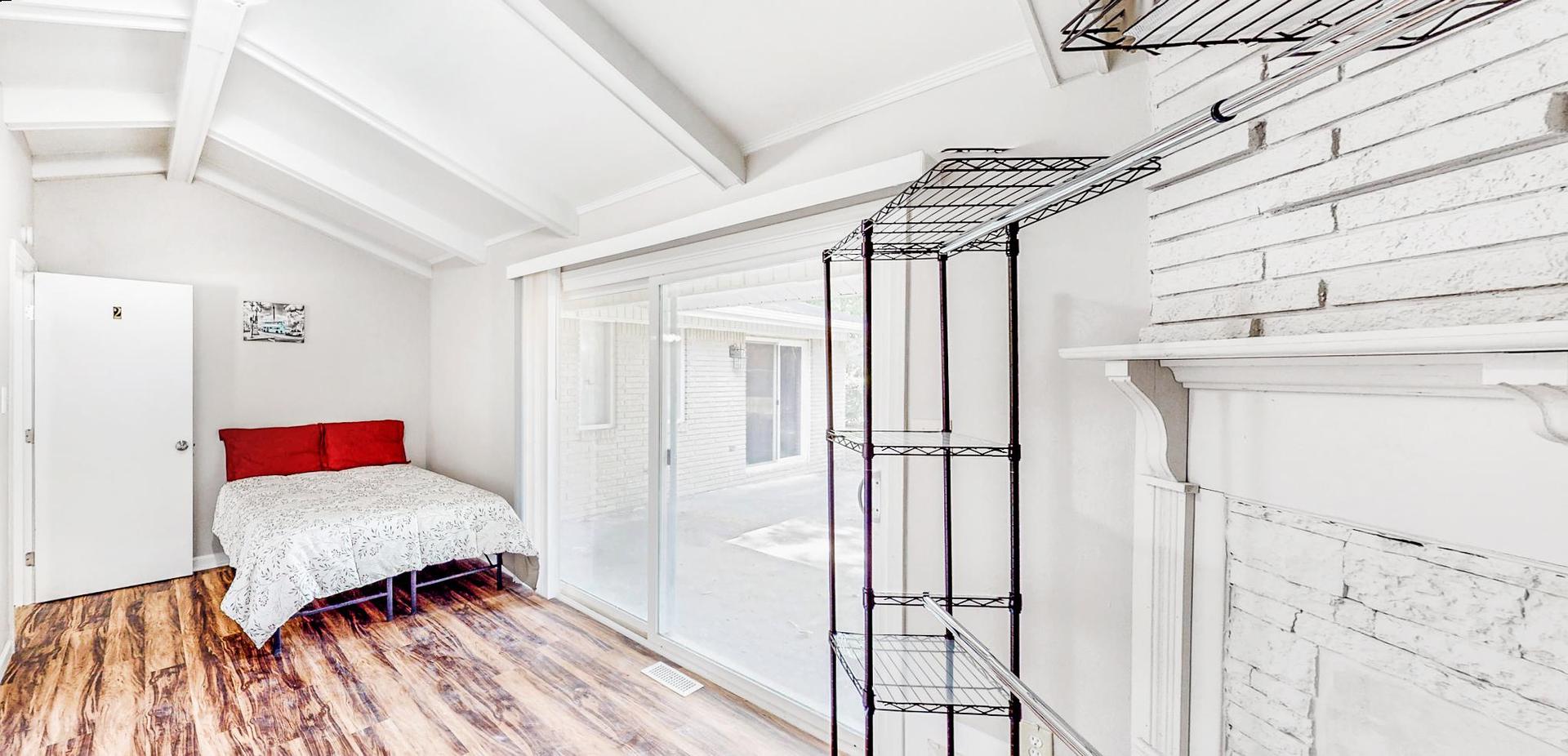 bedroom, detected: bed, fireplace, stairway