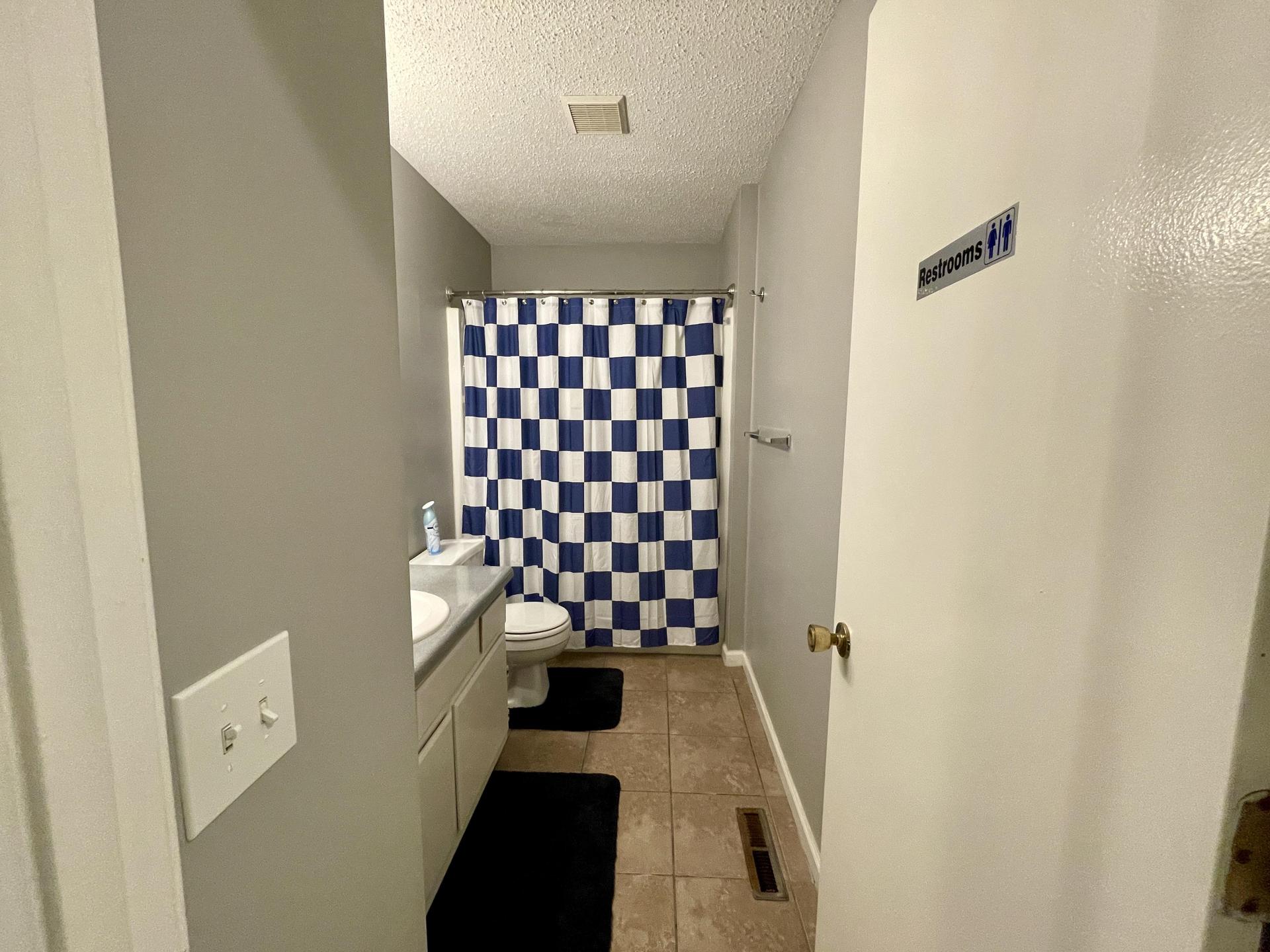 Main Bath - Vanity, Tile Floor, Rugs, Curtain
