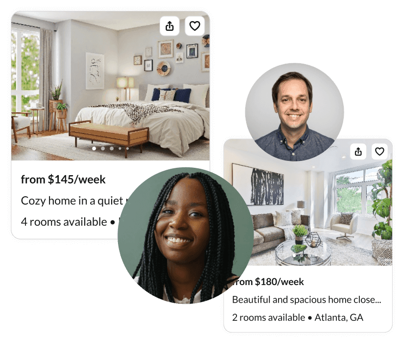 An image of two bedrooms, a Caucasian man smiling, and an African-American woman smiling