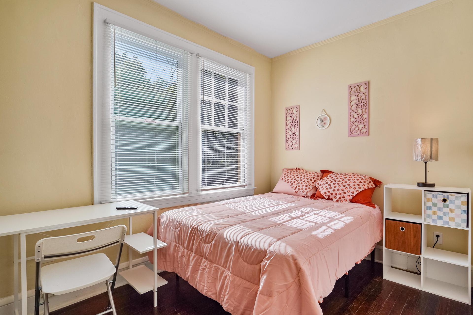 Room 5 comes with a walk in closet, TV, mini fridge, desk, chair, dresser, cubbies, and bed with linens included