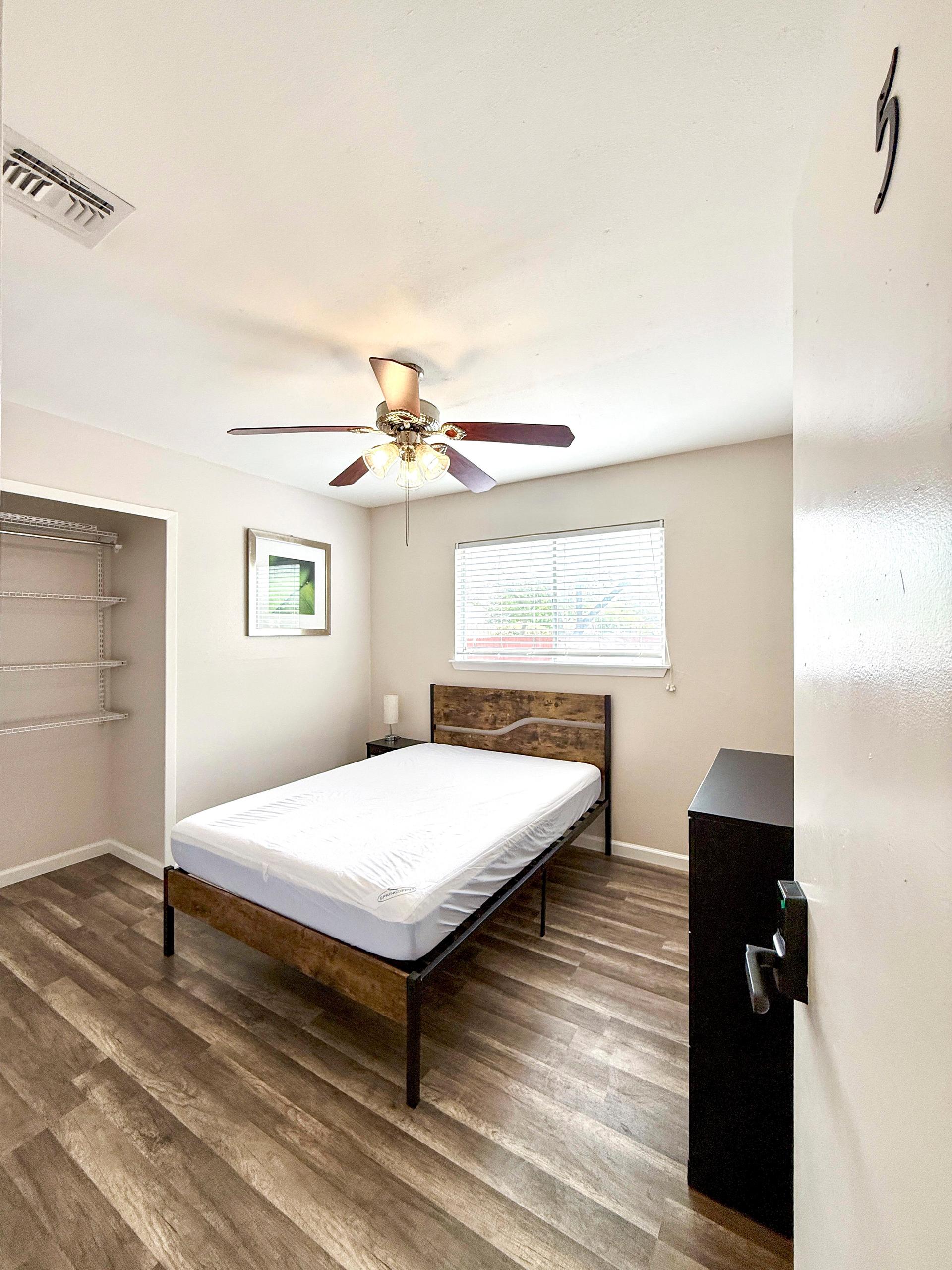 bedroom, detected:bed, ceiling fan, window blind