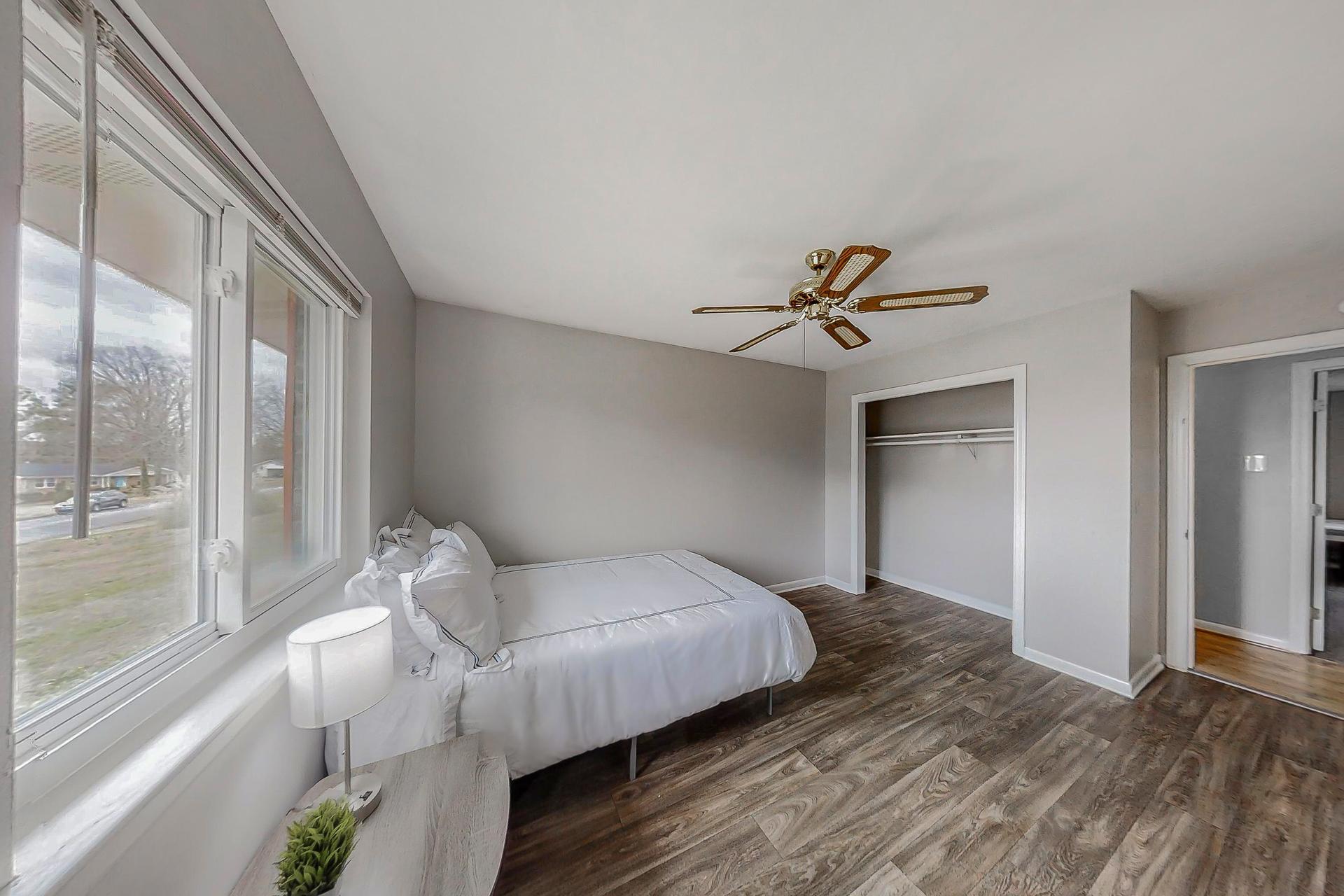 bedroom, detected: ceiling fan, bed, window blind