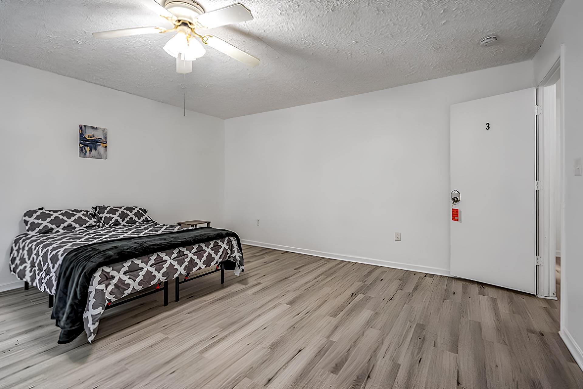 bedroom, detected: ceiling fan, bed, window blind