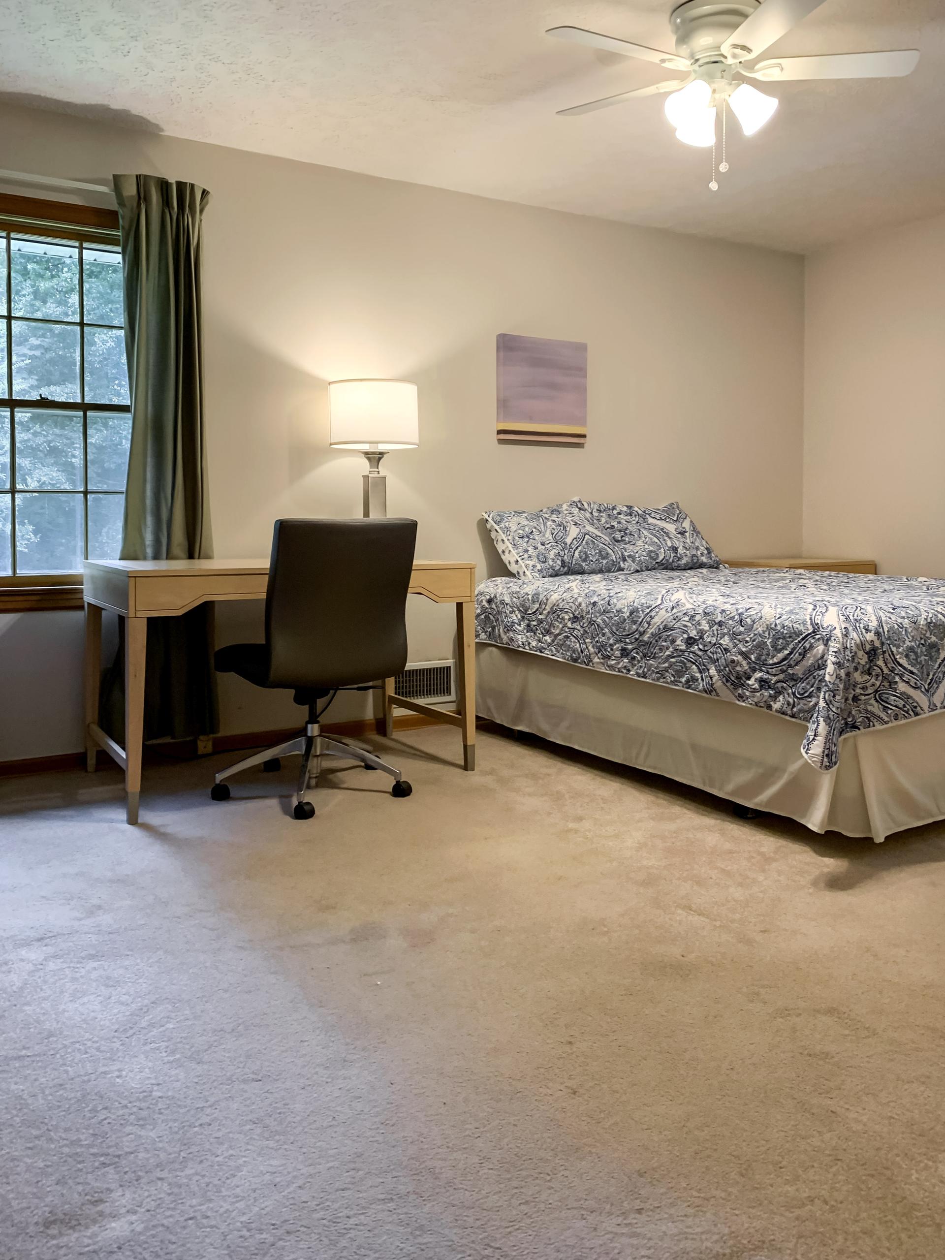 bedroom, detected: ceiling fan, window blind, carpet, bed