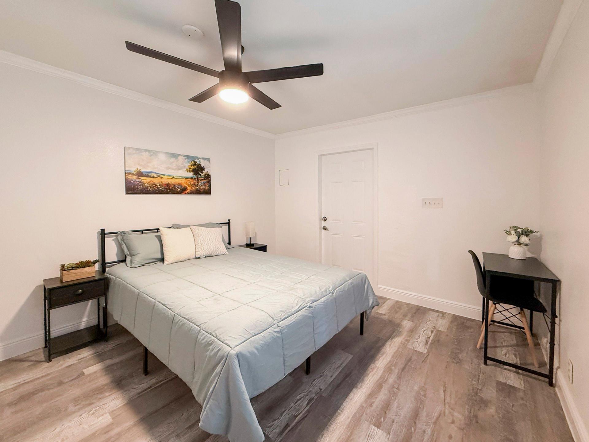 bedroom, detected:bed, ceiling fan, window blind