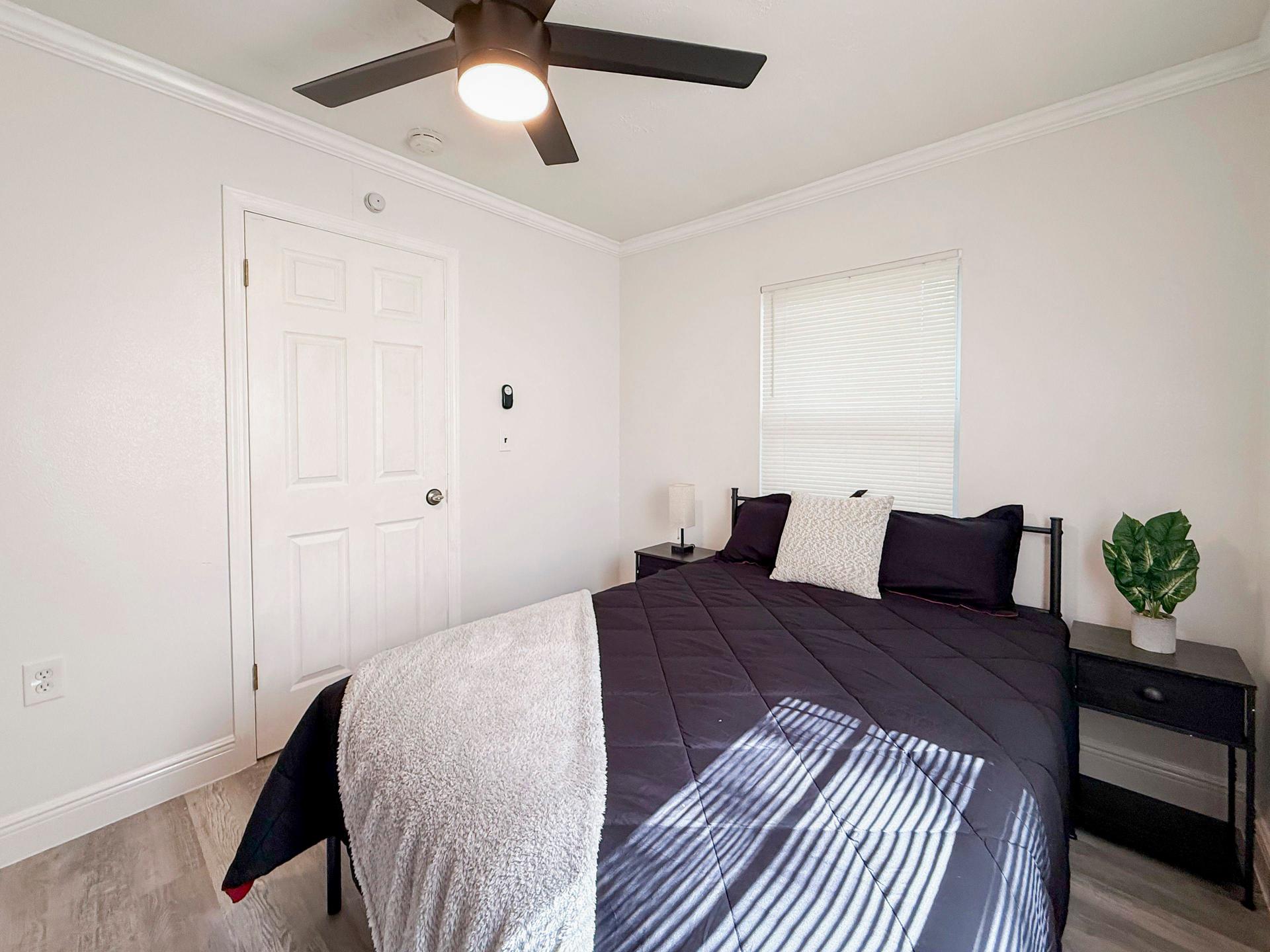 bedroom, detected:bed, ceiling fan, window blind