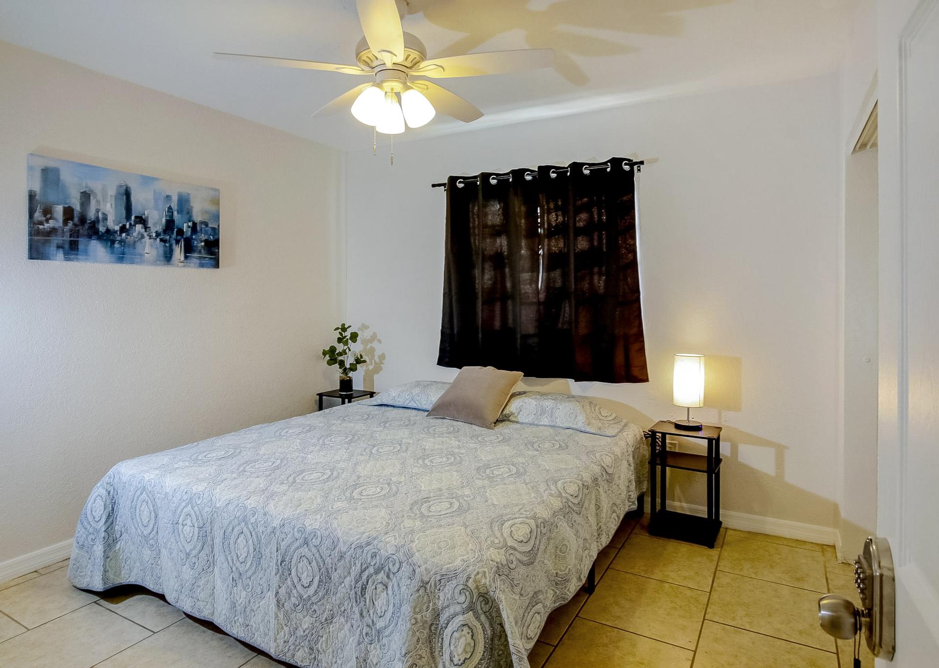 bedroom, detected:bed, ceiling fan, window blind